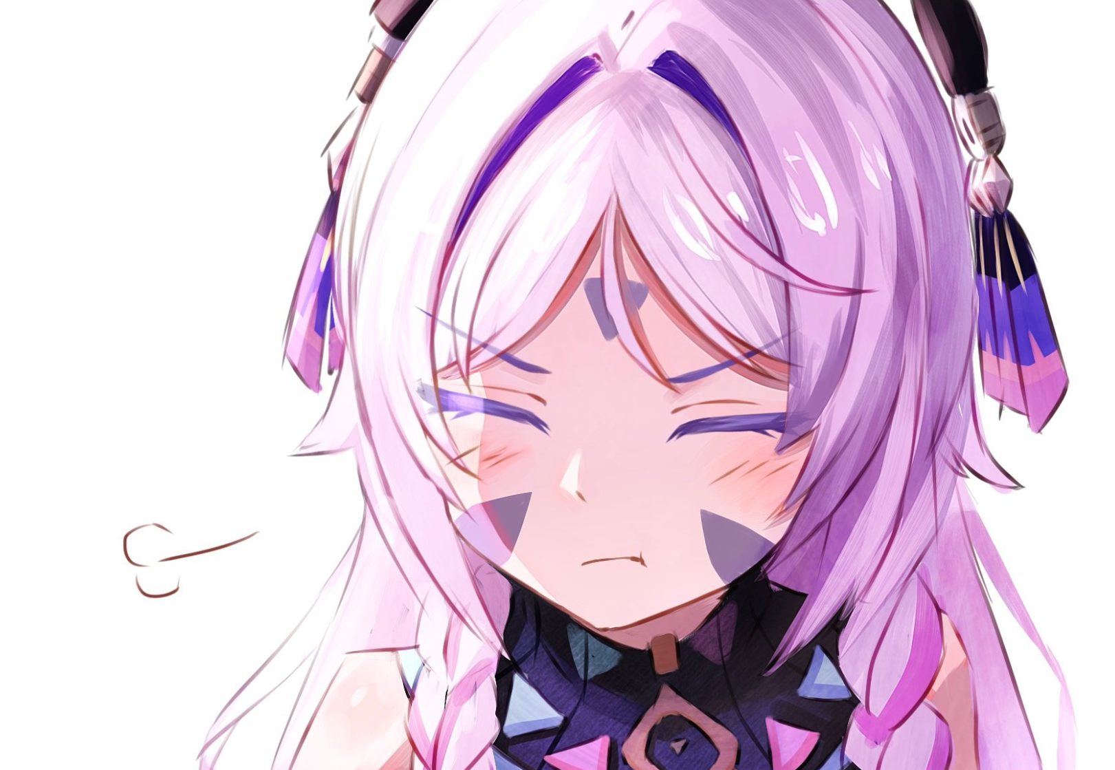 yoi (a27963244), citlali (genshin impact), genshin impact, commentary request, highres, 1girl, bare shoulders, braid, closed eyes, closed mouth, facial mark, facing viewer, forehead mark, hair ornament, long hair, pink hair, portrait, pout, puff of air, simple background, solo, triangle, triangle facial mark, twin braids, white background