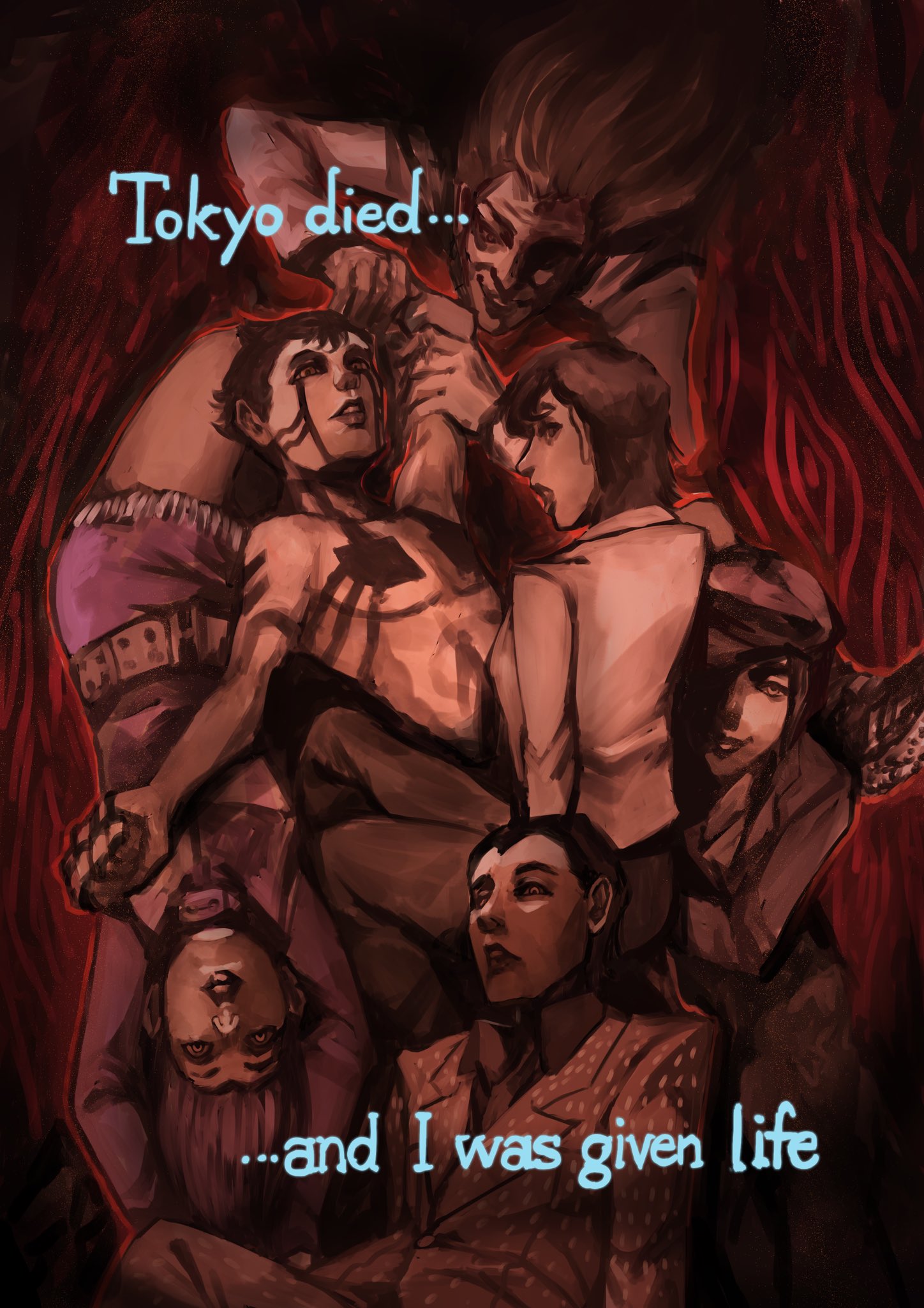 bukibukibuk, demi-fiend, hikawa (megami tensei), lucifer (megami tensei), nitta isamu, tachibana chiaki (megami tensei), takao yuko, shin megami tensei, shin megami tensei iii: nocturne, commentary, english commentary, highres, 2girls, 4boys, belt, black hair, black hat, black jacket, black pants, blonde hair, body markings, brown hair, clenched hand, dark background, dress, english text, formal clothes, from behind, grabbing another's arm, hat, jacket, long hair, looking at viewer, looking back, multiple boys, multiple girls, old, old man, pants, purple dress, red background, shaded face, short hair, suit, topless male, upside-down, white jacket