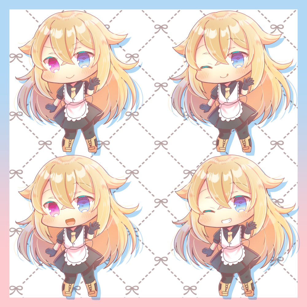 kou hiyoyo, koga twin (kogasaguy), original, commentary request, commission, skeb commission, 1girl, :d, ;q, apron, black gloves, black shirt, black skirt, blonde hair, blue eyes, blush, closed mouth, collared shirt, dotted line, gloves, grin, hair between eyes, hair flaps, heterochromia, long hair, multiple views, necktie, one eye closed, open mouth, pleated skirt, puffy short sleeves, puffy sleeves, purple eyes, shirt, short sleeves, skirt, smile, tongue, tongue out, very long hair, white apron, yellow necktie