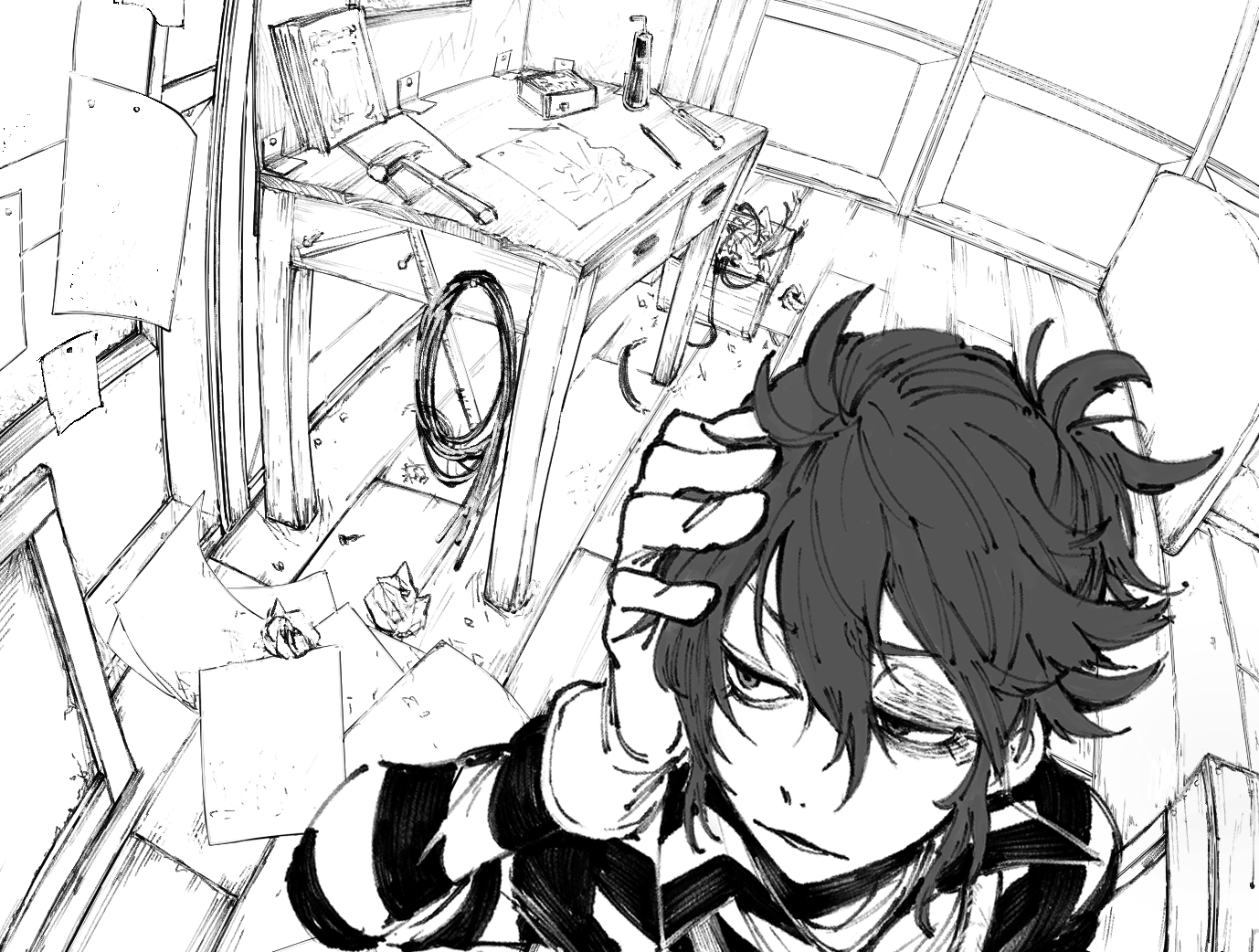 bububuki, luca balsa, identity v, 1boy, bruise, bruised eye, crumpled paper, desk, gloves, greyscale, hair between eyes, half-closed eyes, hammer, hand on own head, injury, looking to the side, male focus, monochrome, paper, perspective, ponytail, shirt, short ponytail, striped clothes, striped shirt, table, tools