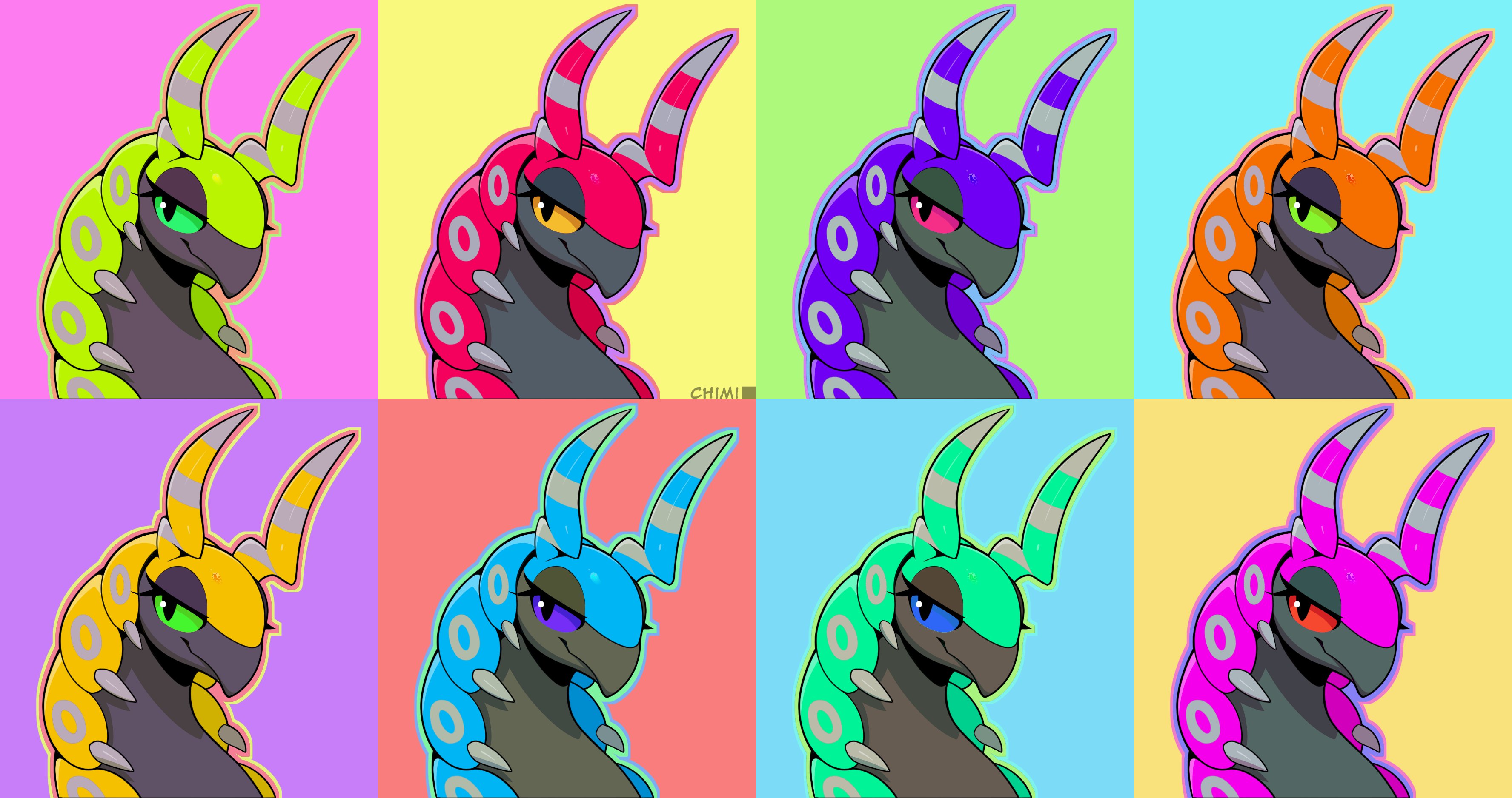 chimi artt, scolipede, nintendo, pokemon, absurdres, highres, alternate color, alternate shiny pokemon, artist name, blue eyes, colorful background, gen 5 pokemon, green eyes, looking at viewer, no humans, orange eyes, pink eyes, pokemon (creature), pop art, purple eyes, red eyes