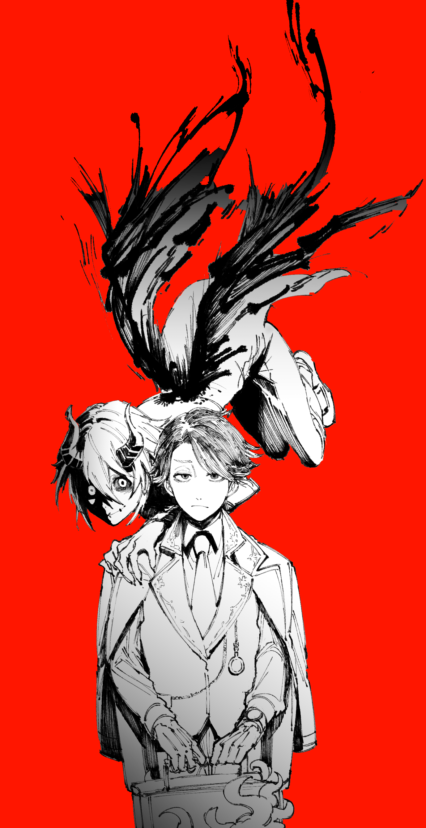 bububuki, aesop carl, aesop carl (trickster), victor grantz, victor grantz (keyboard), identity v, absurdres, highres, 2boys, black sclera, briefcase, colored sclera, demon horns, fingernails, floating, frown, gloves, hands on another's shoulders, holding, holding briefcase, horns, jacket, jacket on shoulders, lapels, looking at viewer, male focus, multiple boys, necktie, official alternate costume, partially colored, partially shaded face, red background, sharp fingernails, smile, stitched mouth, stitches, straight-on, tentacles, watch, wristwatch