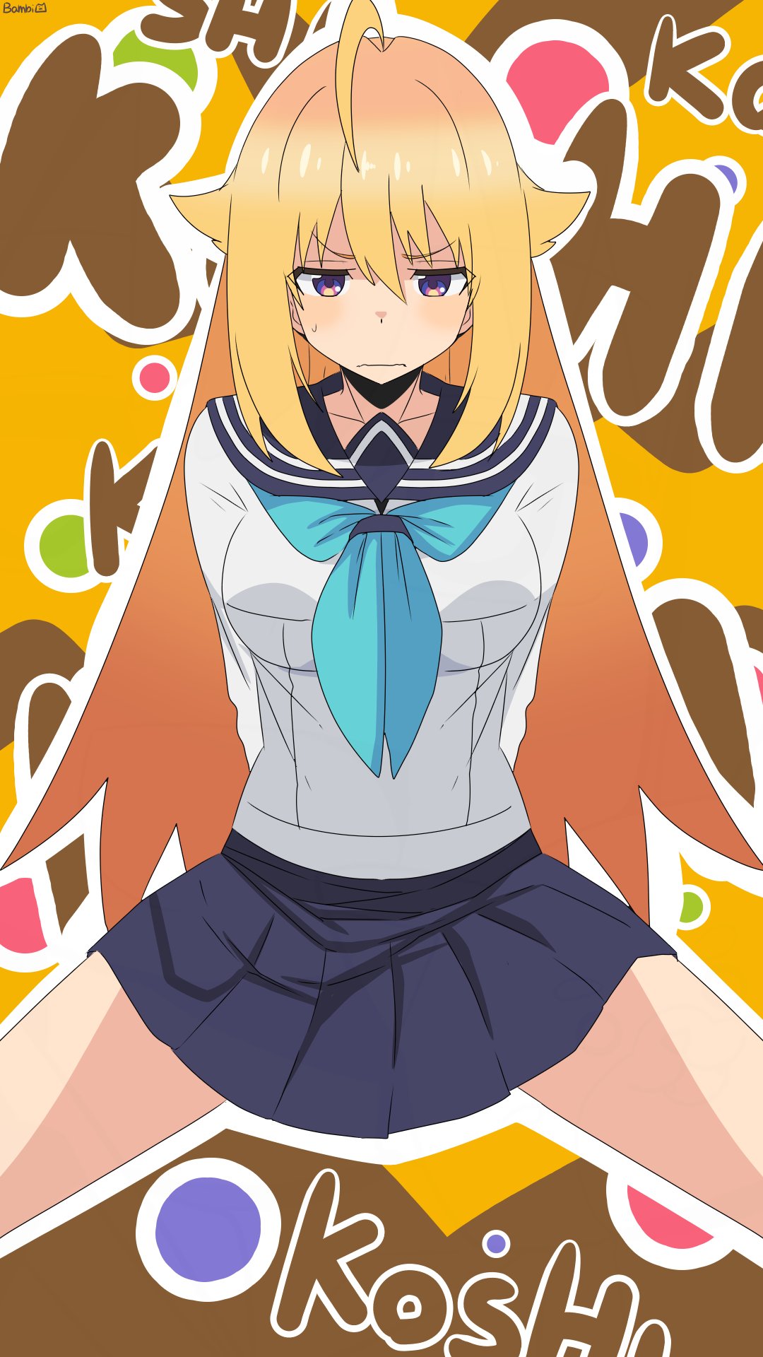 bambi2000line, koshi torako, shikanoko nokonoko koshitantan, commentary request, highres, 1girl, ahoge, aqua neckerchief, arms behind back, artist name, blonde hair, blue sailor collar, blue skirt, blush, breasts, brown background, character name, embarrassed, hair flaps, large breasts, long hair, long sleeves, multicolored eyes, neckerchief, pleated skirt, sailor collar, school uniform, serafuku, shirt, sidelocks, signature, skirt, solo, spread legs, straight-on, sweatdrop, text background, two-tone background, v-shaped eyebrows, very long hair, white shirt, yellow background