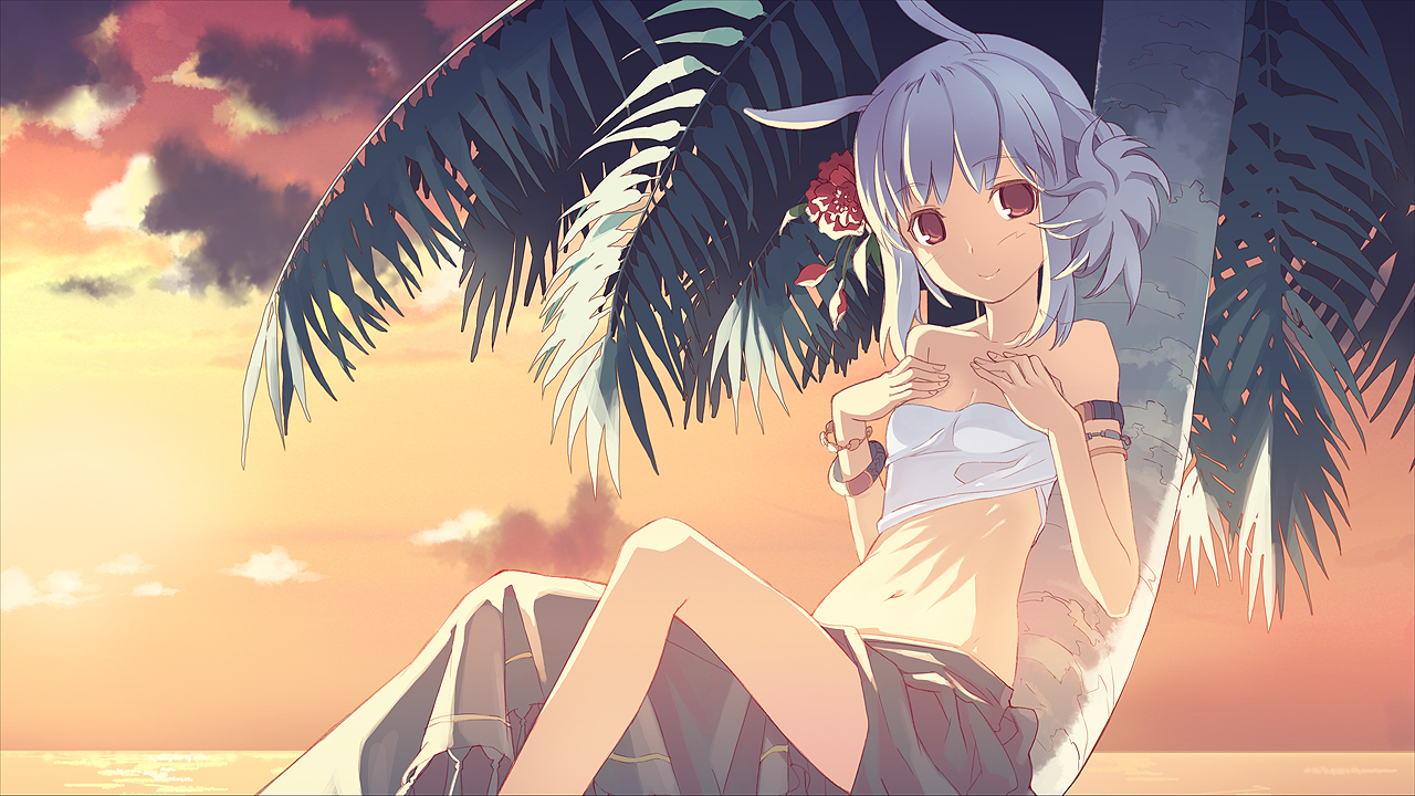 h2so4, suee, djmax, djmax portable, djmax technika, official art, 1girl, animal ears, artistic error, beach, bracelet, female focus, flat chest, flower, jewelry, midriff, ocean, palm tree, rabbit ears, red eyes, smile, solo, strapless, sunset, tree, tube top, white hair