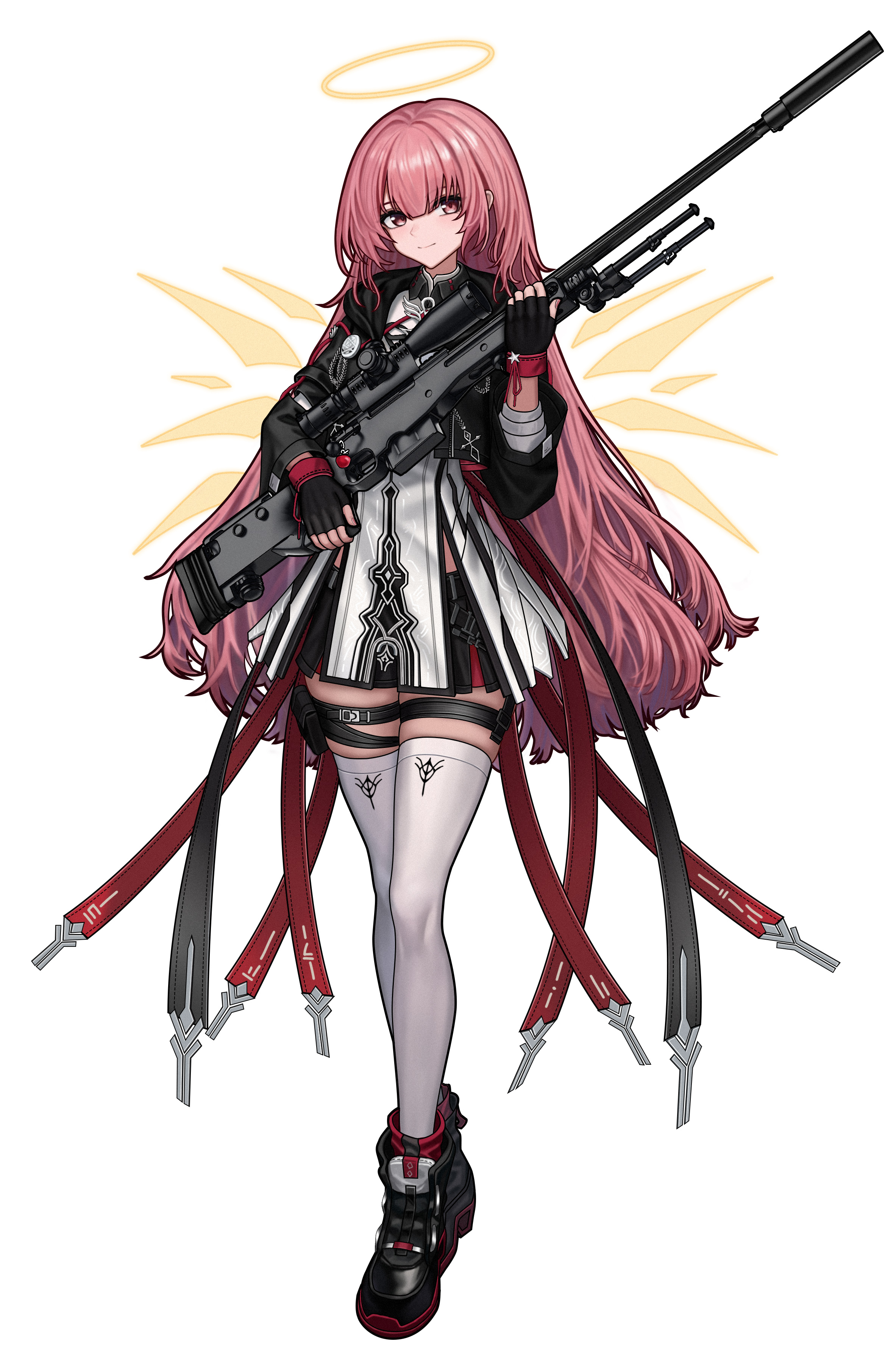 gaai, lemuen (arknights), arknights, absurdres, highres, 1girl, ai arctic warfare, alternate costume, angel, angel wings, apple, bipod, black boots, black gloves, black jacket, black skirt, bolt action, boots, charm (object), closed mouth, cropped jacket, detached wings, dress, energy wings, fingerless gloves, food, fruit, full body, gloves, gun, halo, holding, jacket, leather strap, long hair, long sleeves, looking at viewer, pink eyes, pink hair, pink nails, pouch, red trim, rifle, scope, shirt, simple background, skirt, smile, sniper rifle, solo, standing, suppressor, thigh pouch, thigh strap, thighhighs, traditional halo, weapon, white background, white thighhighs, wings, yellow halo, yellow wings, zettai ryouiki