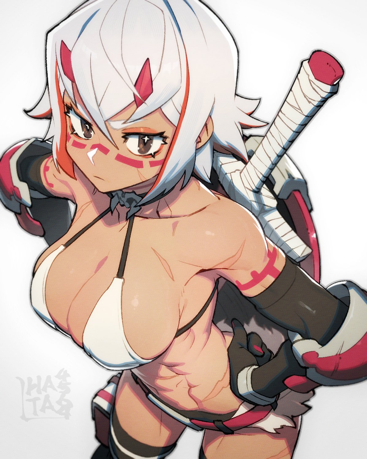 hata4564, original, highres, 1girl, abs, belt, bikini, bikini top only, black gloves, black thighhighs, bodypaint, breasts, brown eyes, cleavage, colored inner hair, couter, cowboy shot, cross-shaped pupils, dark-skinned female, dark skin, elbow gloves, eyeshadow, facepaint, gloves, halterneck, hands on own hips, horns, large breasts, looking at viewer, makeup, multicolored hair, orange eyeshadow, orange hair, red belt, scar, scar on arm, scar on face, scar on stomach, shield, shield on back, short hair, simple background, solo, swimsuit, sword, sword on back, symbol-shaped pupils, thighhighs, toned, toned female, weapon, weapon on back, white background, white bikini, white hair