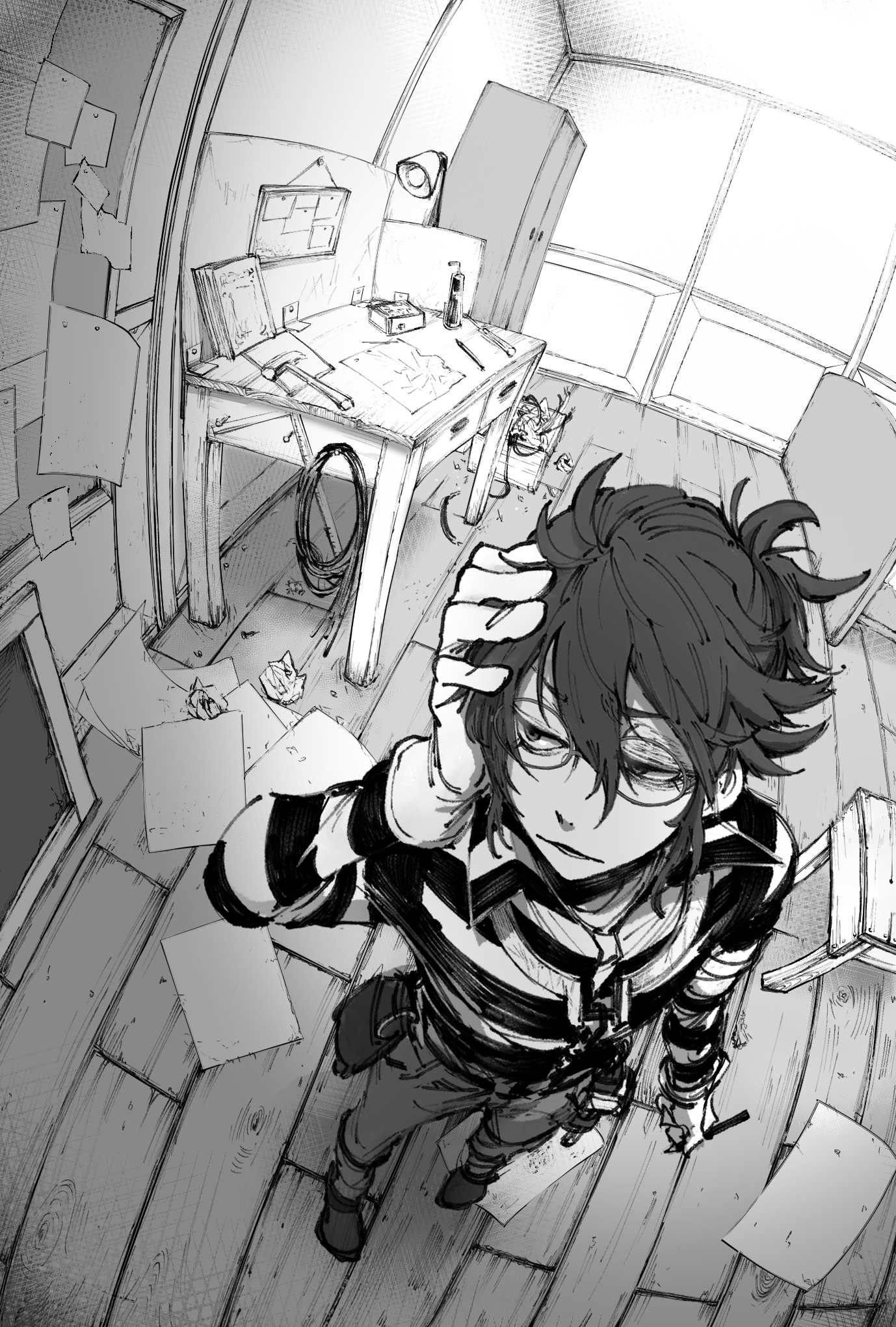 bububuki, luca balsa, identity v, highres, 1boy, belt pouch, bruise, bruised eye, crumpled paper, desk, full body, glasses, gloves, greyscale, hair between eyes, half-closed eyes, hammer, hand on own head, holding, holding pen, injury, looking to the side, male focus, monochrome, pants, paper, pen, perspective, ponytail, pouch, shirt, short ponytail, striped clothes, striped shirt, table, tools, wooden floor