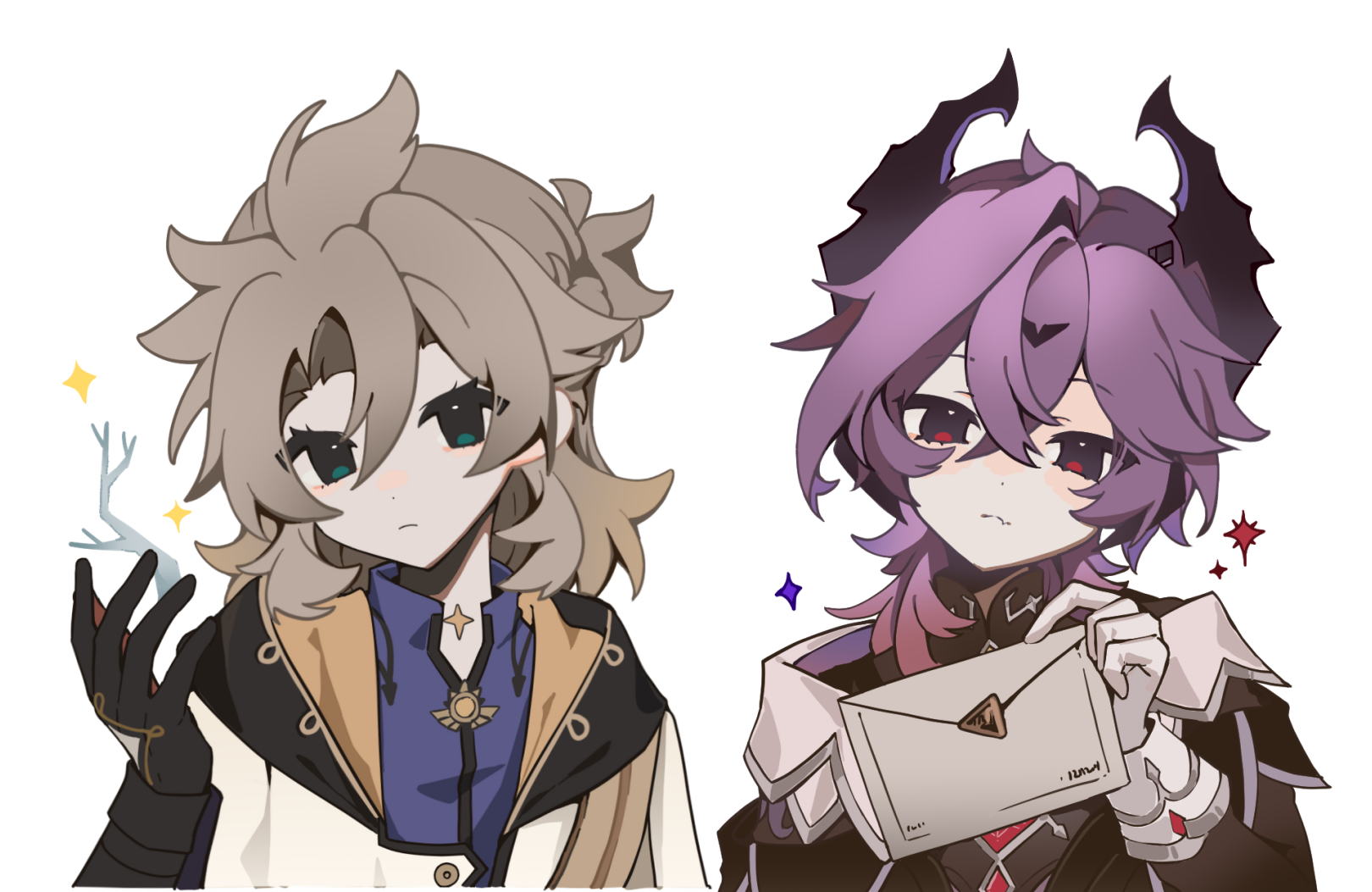 albedo (genshin impact), mini durin (genshin impact), mini durin (human) (genshin impact), genshin impact, highres, 2boys, aqua eyes, black gloves, blonde hair, blue eyes, blue shirt, closed mouth, coat, demon horns, diamond (shape), dongzhiji519, envelope, gloves, hair between eyes, holding, hood, horns, jacket, letter, male focus, medium hair, multiple boys, purple eyes, purple hair, scar, shirt, simple background, sparkle, upper body, white background, white gloves