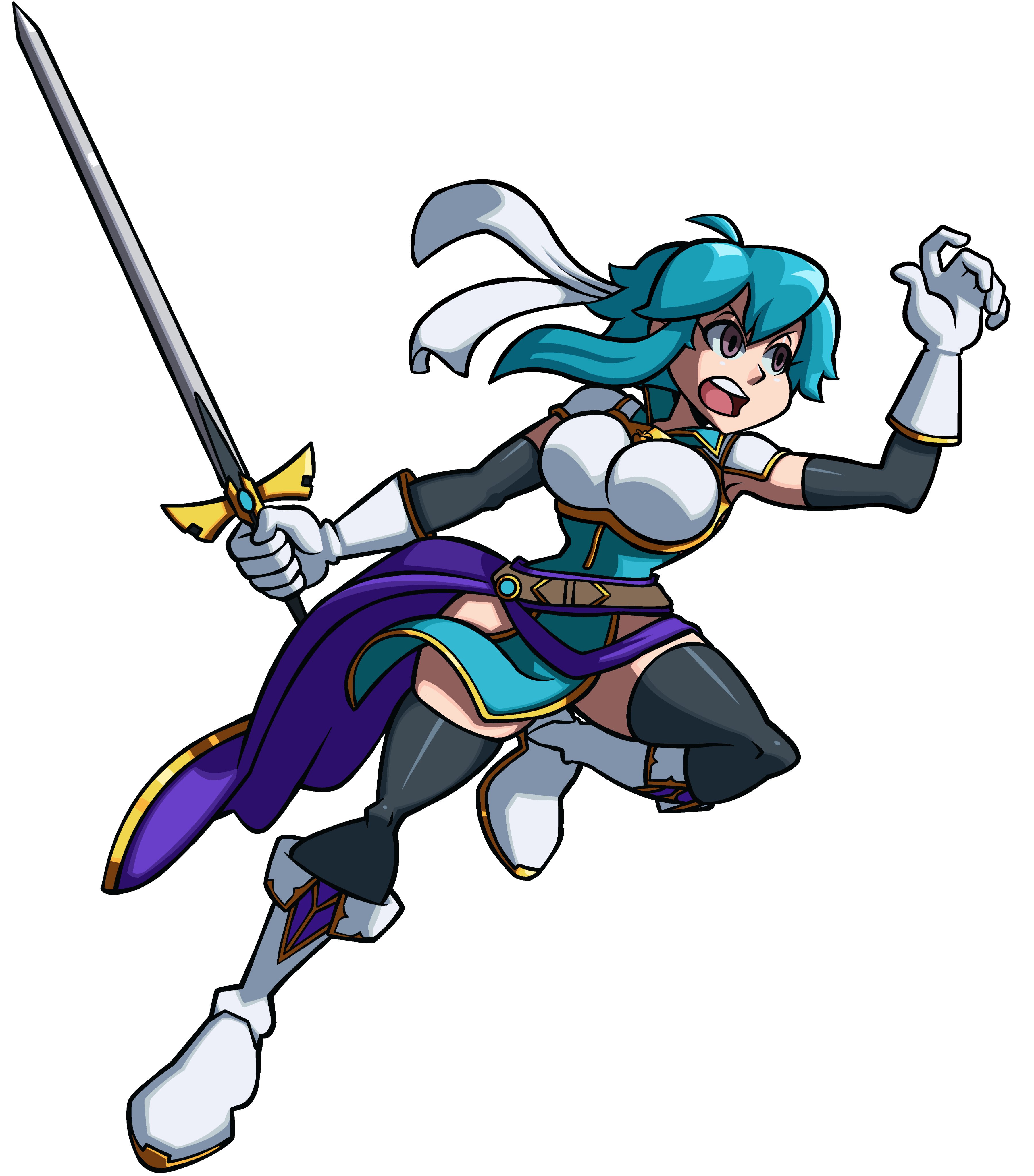 niboonskull, selia (mrtalkingdino), fire emblem, fire emblem: genealogy of the holy war, nintendo, original, skullgirls, absurdres, commission, commissioner upload, highres, 1girl, ahoge, armor, attack, belt, blue hair, blue tunic, boots, breastplate, breasts, elbow gloves, gloves, headband, holding, holding sword, holding weapon, if they mated, open mouth, pelvic curtain, popped collar, purple eyes, sash, shoulder armor, sidelocks, skindentation, solo, sword, thighhighs, thighs, tomboy, tunic, weapon, white background, white headband