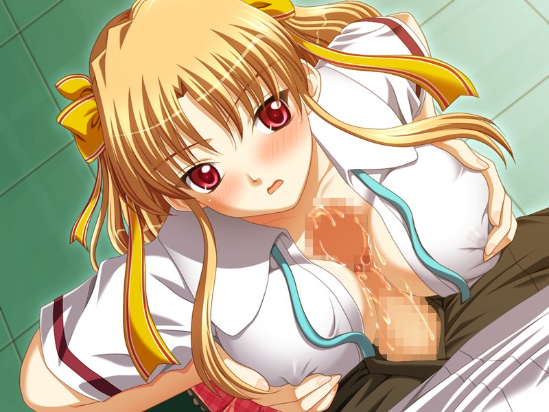 tagme, blonde hair, blush, breasts, censored, large breasts, long hair, nail polish, open clothes, open shirt, paizuri, penis, red eyes, shirt