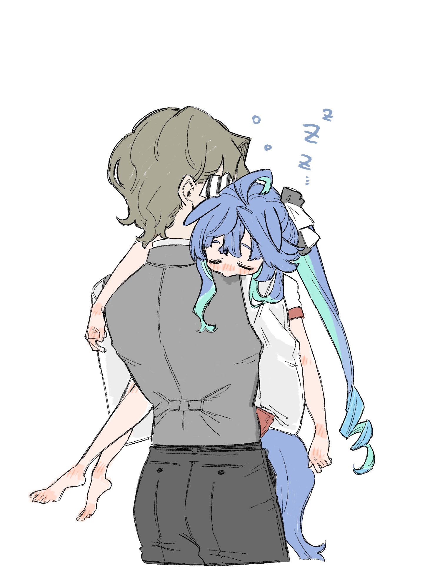 yawaraka yusen, trainer minamizaka, twin turbo (umamusume), umamusume, highres, 1boy, 1girl, ahoge, animal ears, aqua hair, barefoot, black pants, blue hair, blush, bow, brown hair, carrying, carrying person, closed eyes, crossed bangs, ears down, from behind, grey vest, hair bow, horse ears, horse girl, horse tail, long hair, multicolored hair, pants, shirt, short hair, sidelocks, simple background, sleeping, tail, twintails, two-tone hair, vest, white background, white shirt, yurie mouth, zzz