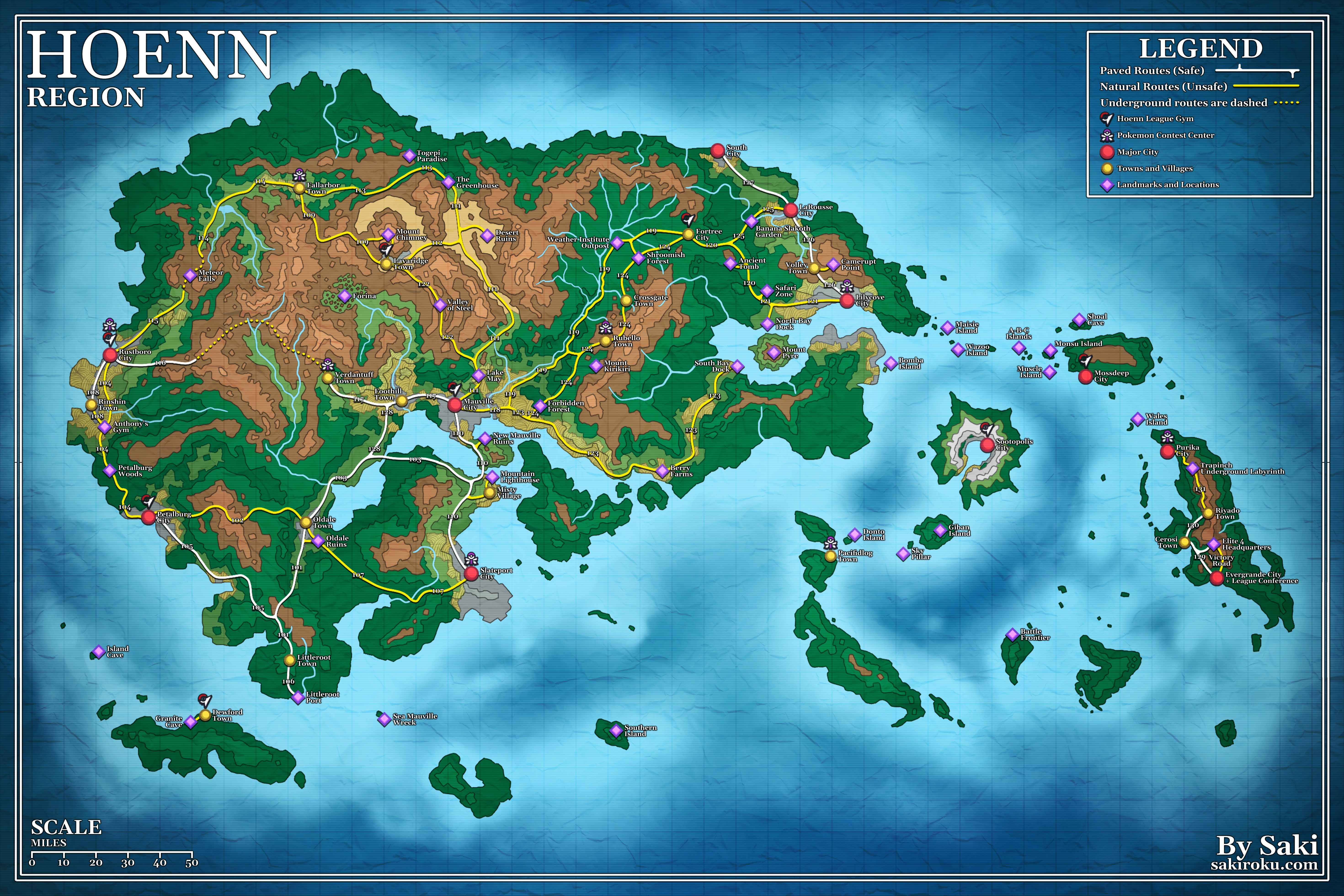 nintendo, pokemon, pokemon (anime), absurdres, commentary, commentary request, english commentary, highres, krita (medium), mixed-language commentary, english text, hoenn map, island, map, map (medium), map legend, no humans, sakibanki, watermark, web address