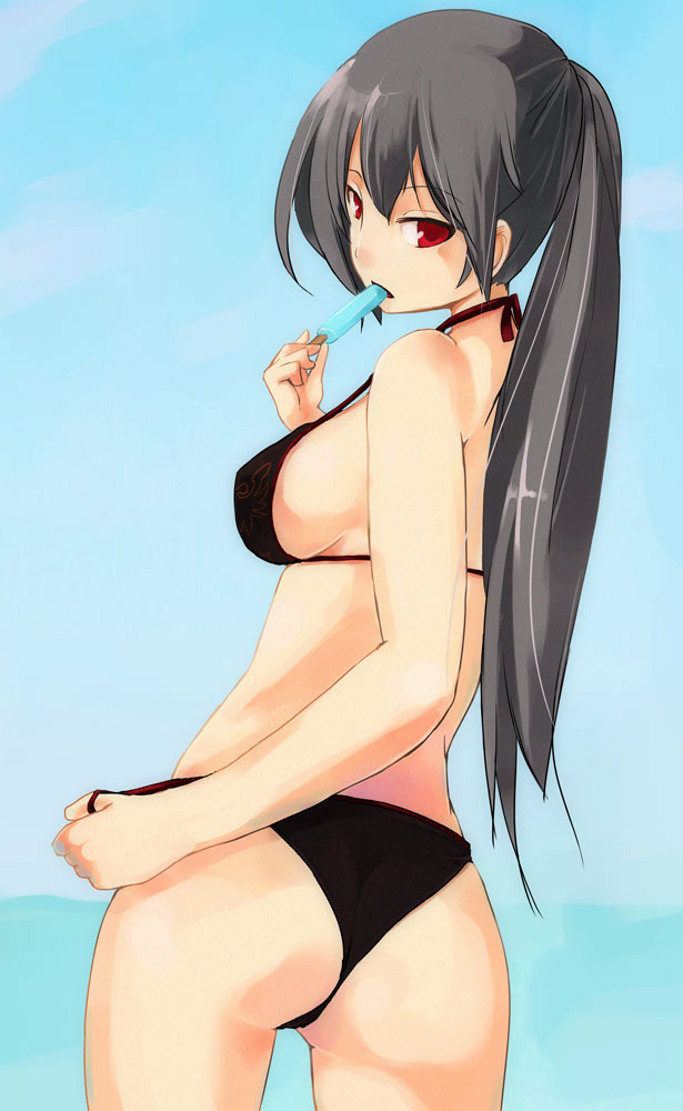murakata, belphegor (umineko), umineko no naku koro ni, 00s, 1girl, ass, bikini, black bikini, breasts, female focus, food, grey hair, long hair, looking back, medium breasts, ponytail, popsicle, red eyes, sideboob, solo, swimsuit