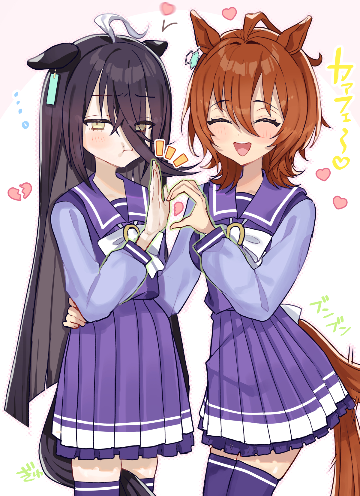 nochatea, agnes tachyon (umamusume), manhattan cafe (umamusume), umamusume, commentary request, highres, translation request, 2girls, :t, ahoge, animal ears, between legs, blush, bow, bowtie, broken heart, brown hair, chemical structure, closed eyes, closed mouth, ear tag, earrings, ears down, embarrassed, hair between eyes, hand on another's waist, hand up, heart, heart hands failure, horse ears, horse girl, horse tail, huge ahoge, jewelry, long bangs, long hair, long hair between eyes, long sleeves, multicolored hair, multiple girls, open mouth, pout, purple sailor collar, purple shirt, purple skirt, purple thighhighs, red eyes, sailor collar, school uniform, shirt, shirt tucked in, short hair, simple background, single earring, skindentation, skirt, smile, tail, tail between legs, tail wagging, teeth, thighhighs, tracen school uniform, upper teeth only, very long hair, white background, white bow, white bowtie, white hair, yellow eyes, yuri