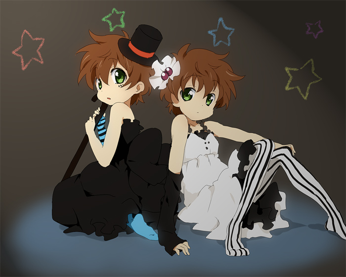 maruki (punchiki), akiyama mio, hirasawa yui, kururugi suzaku, code geass, don't say "lazy", k-on!, striped legwear, vertical-striped legwear, bad id, bad pixiv id, 2boys, akiyama mio (cosplay), black dress, blue pantyhose, cane, cosplay, crossdressing, crossdressing (mtf), dress, dual persona, feet, hair ornament, hat, hirasawa yui (cosplay), male focus, mini hat, mini top hat, multiple boys, pantyhose, patterned legwear, sitting, striped clothes, striped pantyhose, top hat, vertical-striped clothes, vertical-striped pantyhose, white dress
