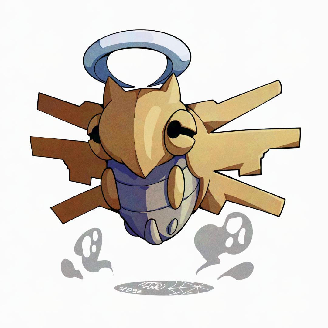 mistray-art, shedinja, nintendo, pokemon, gen 3 pokemon, halo, looking at viewer, no humans, numbered, pokemon (creature), signature, simple background, solo, white background