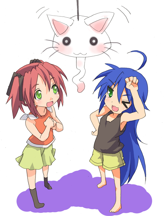 izumi konata, kobayakawa yutaka, nyamou, yoshimizu kagami (cat), lucky star, > <, 00s, 2girls, ahoge, barefoot, blue hair, casual, cat, closed eyes, green eyes, long hair, multiple girls, one eye closed, red hair, short hair, socks, wink