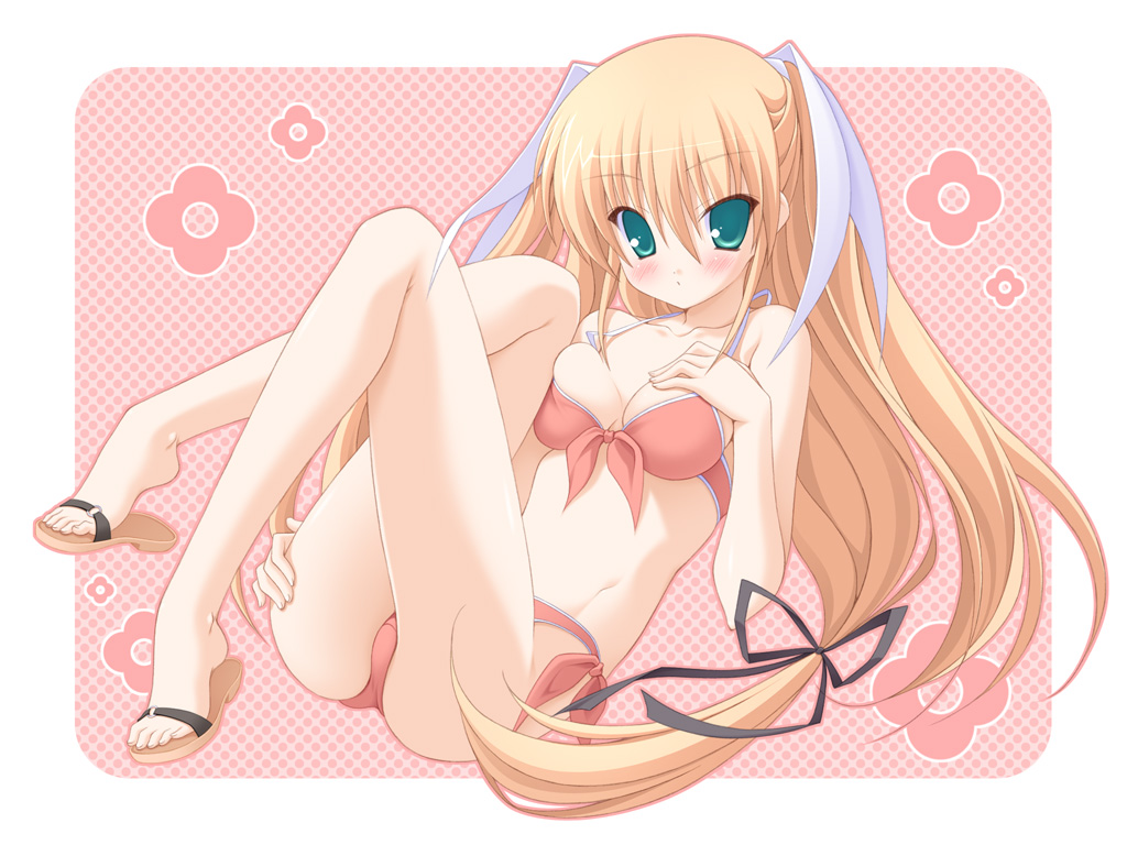 hisane, tokido saya, little busters!, 1girl, bikini, blonde hair, feet, female focus, green eyes, hair ornament, long hair, sandals, shoe dangle, side-tie bikini bottom, solo, swimsuit, very long hair