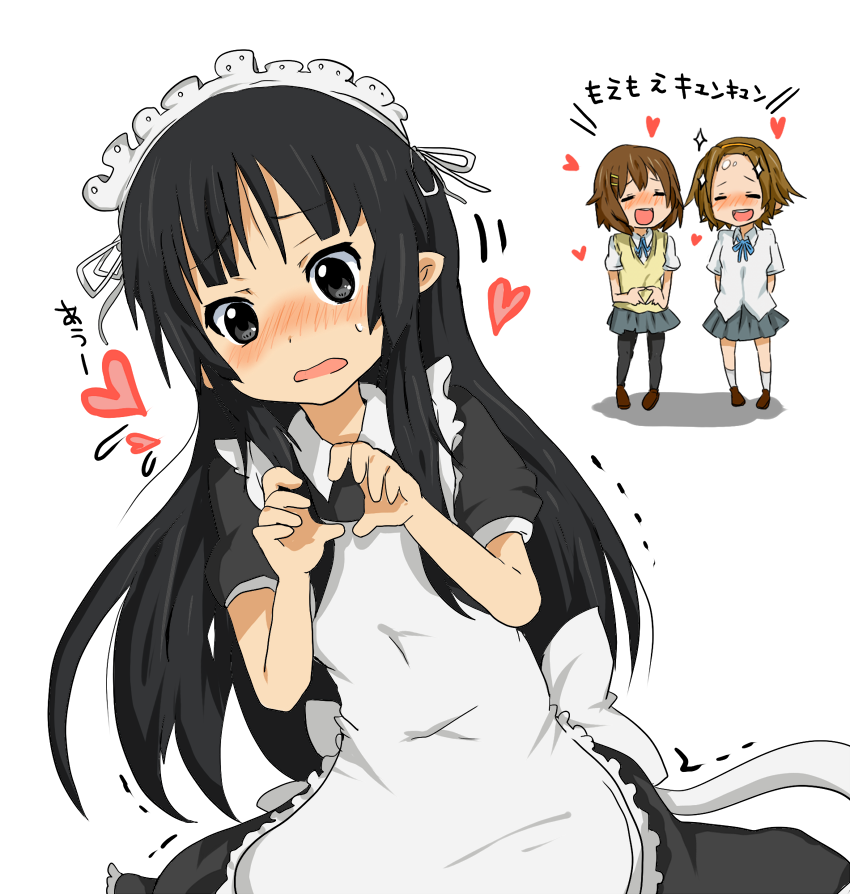 haru (goalstyle), akiyama mio, hirasawa yui, tainaka ritsu, k-on!, bad id, bad pixiv id, 00s, 3girls, alternate costume, black eyes, black hair, blush, enmaided, heart, heart hands, laughing, long hair, maid, moe moe kyun!, multiple girls, pantyhose, school uniform, trembling