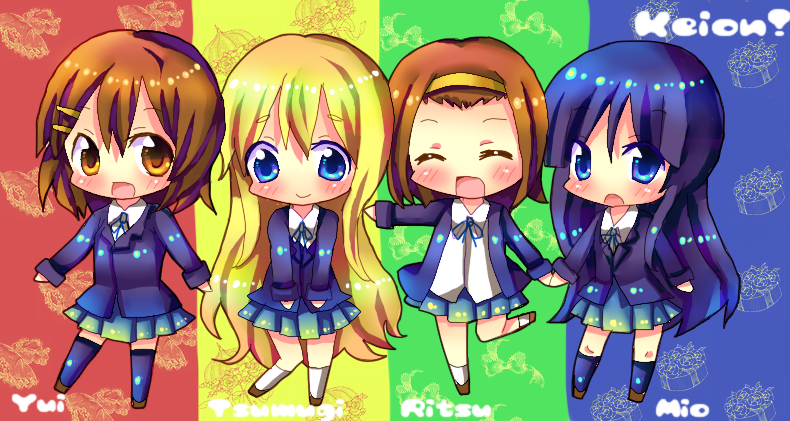 chocolat (momoiro piano), hinahina, akiyama mio, hirasawa yui, kotobuki tsumugi, tainaka ritsu, k-on!, bad id, bad pixiv id, 00s, 4girls, blonde hair, blue eyes, blue hair, brown eyes, brown hair, chibi, closed eyes, hairband, ho-kago tea time, long hair, multiple girls, pantyhose, school uniform, short hair, thighhighs