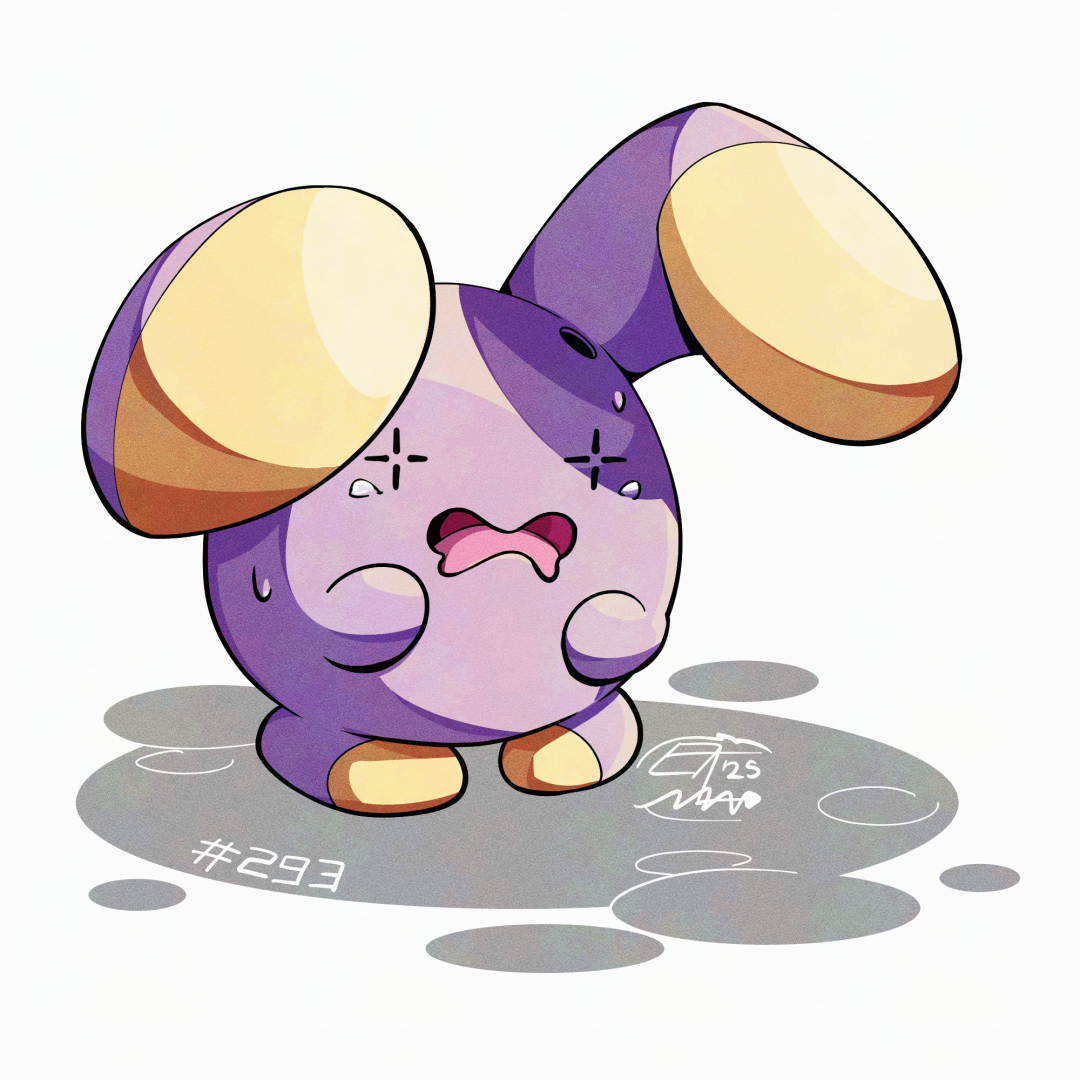 mistray-art, whismur, nintendo, pokemon, gen 3 pokemon, looking at viewer, no humans, numbered, open mouth, pokemon (creature), purple fur, signature, solo, two-tone fur, yellow fur