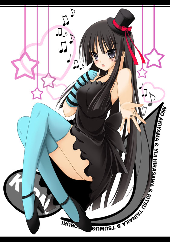 tomosuke, akiyama mio, don't say "lazy", k-on!, 00s, 1girl, bare shoulders, black eyes, black hair, female focus, fingerless gloves, gloves, hat, long hair, mini hat, mini top hat, musical note, single glove, solo, thighhighs, top hat