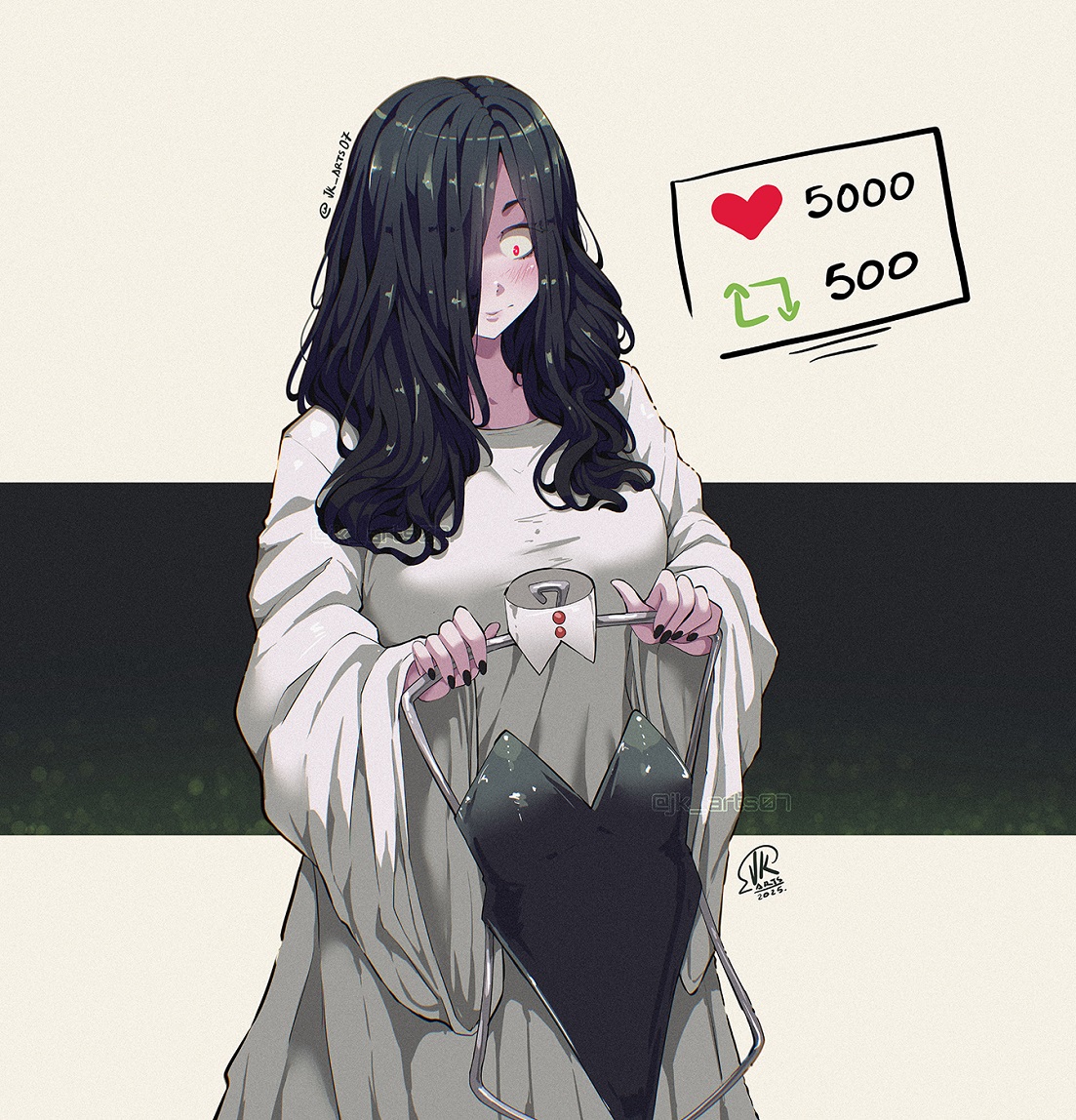 jk arts, yamamura sadako, the ring, 1girl, black hair, black leotard, black nails, closed mouth, clothes hanger, dress, hair over one eye, halloween, holding, holding clothes hanger, leotard, like and retweet, long hair, red eyes, solo, twitter username, white dress