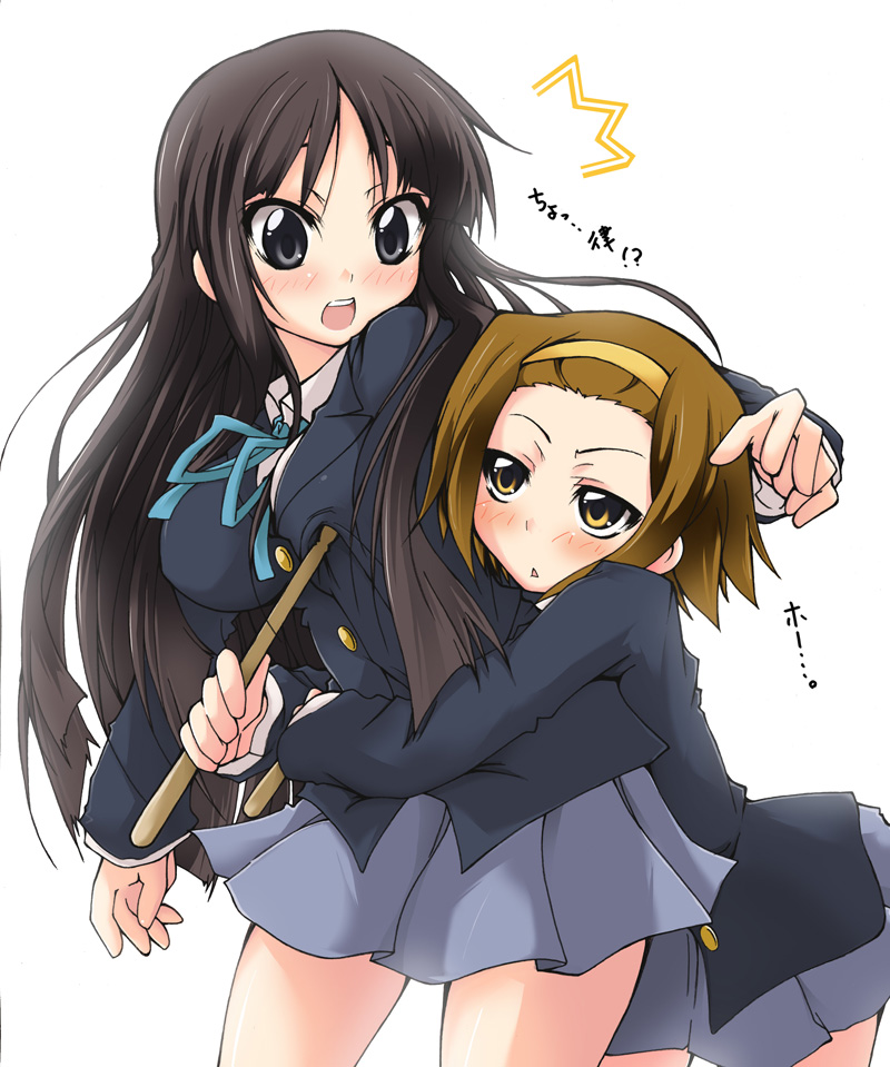 hazuki haru, akiyama mio, tainaka ritsu, k-on!, bad id, bad pixiv id, translated, 00s, 2girls, :<, black eyes, black hair, blazer, blunt bangs, blush, breast envy, breasts, brown eyes, brown hair, clinging, drumsticks, hairband, headband, hime cut, hug, jacket, long hair, medium breasts, multiple girls, poking, poking another's breast, school uniform, short hair, skirt, surprised, tomboy