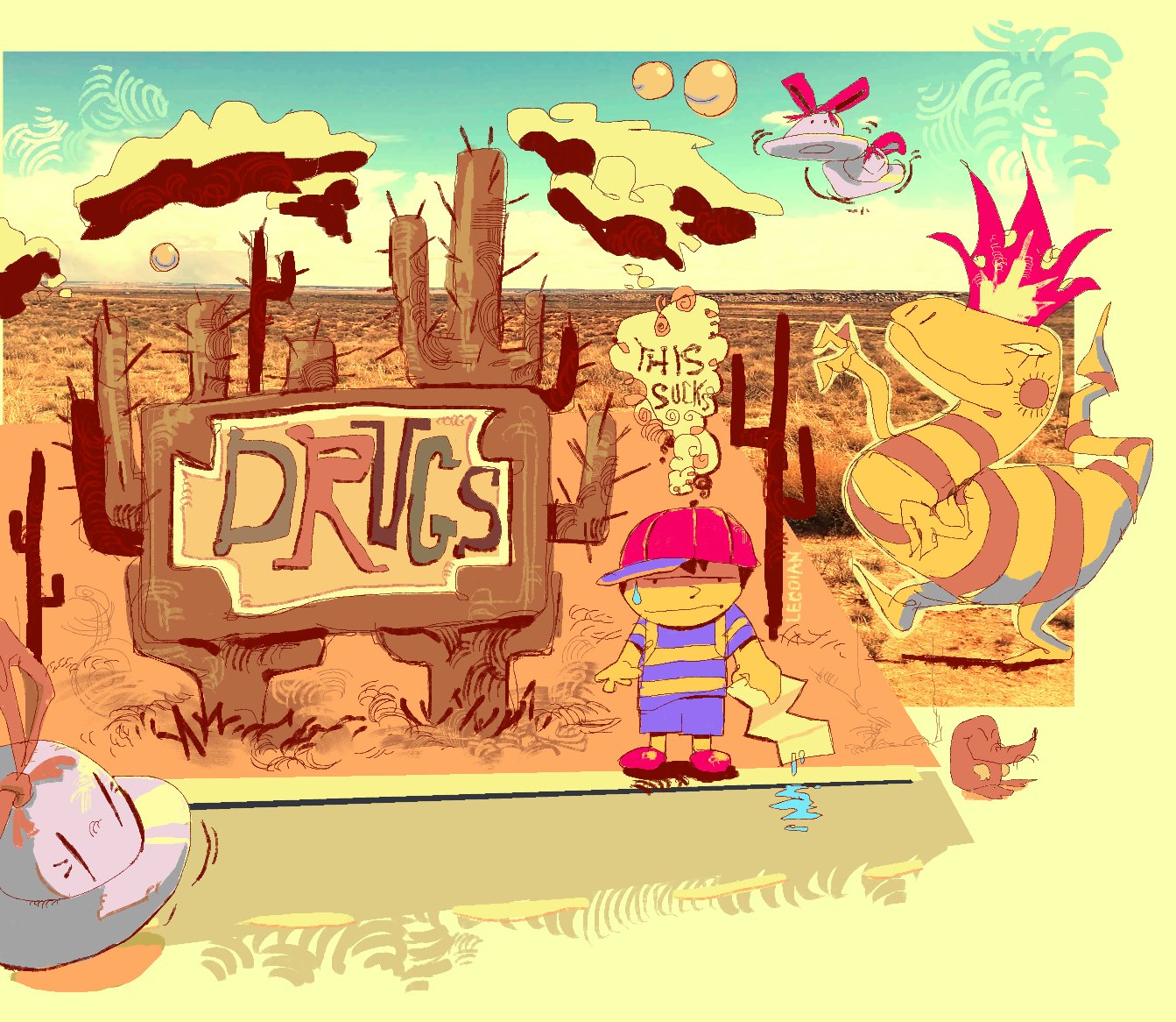 crested booka, ness (mother 2), 1boy, backpack, bag, baseball cap, black hair, blue sky, cactus, cute li'l ufo, desert, english text, facing viewer, frown, full body, hair ribbon, hat, legoian1, mole (animal), mole playing rough, monster, outdoors, photo background, ribbon, road, shirt, shoes, shorts, sign, sky, smilin' sphere, sneakers, solo, speech bubble, striped clothes, striped shirt, sweatdrop, thought bubble, towel, ufo, wavy mouth