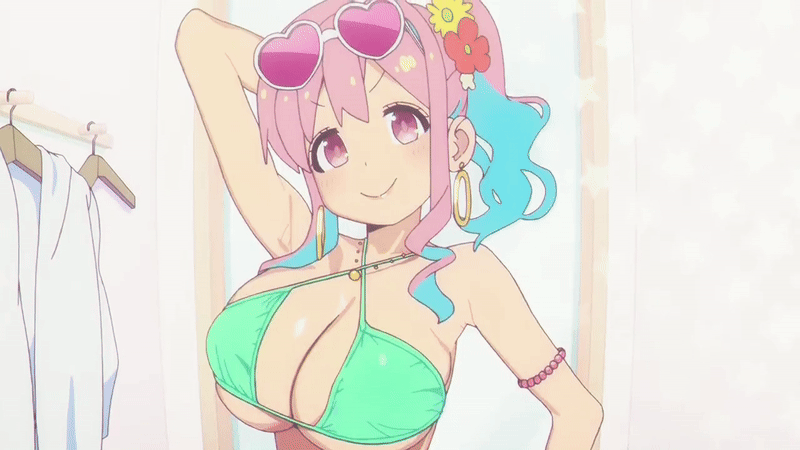 hozuki kaede, onii-chan wa oshimai!, animated, animated gif, anime screenshot, arm behind head, arm up, armpits, bikini, blue hair, bouncing breasts, breasts, earrings, flower, green bikini, hair flower, hair ornament, huge breasts, jewelry, looking at viewer, multicolored hair, open mouth, pink eyes, pink hair, smile, sunglasses, sunglasses on head, swimsuit, two-tone hair