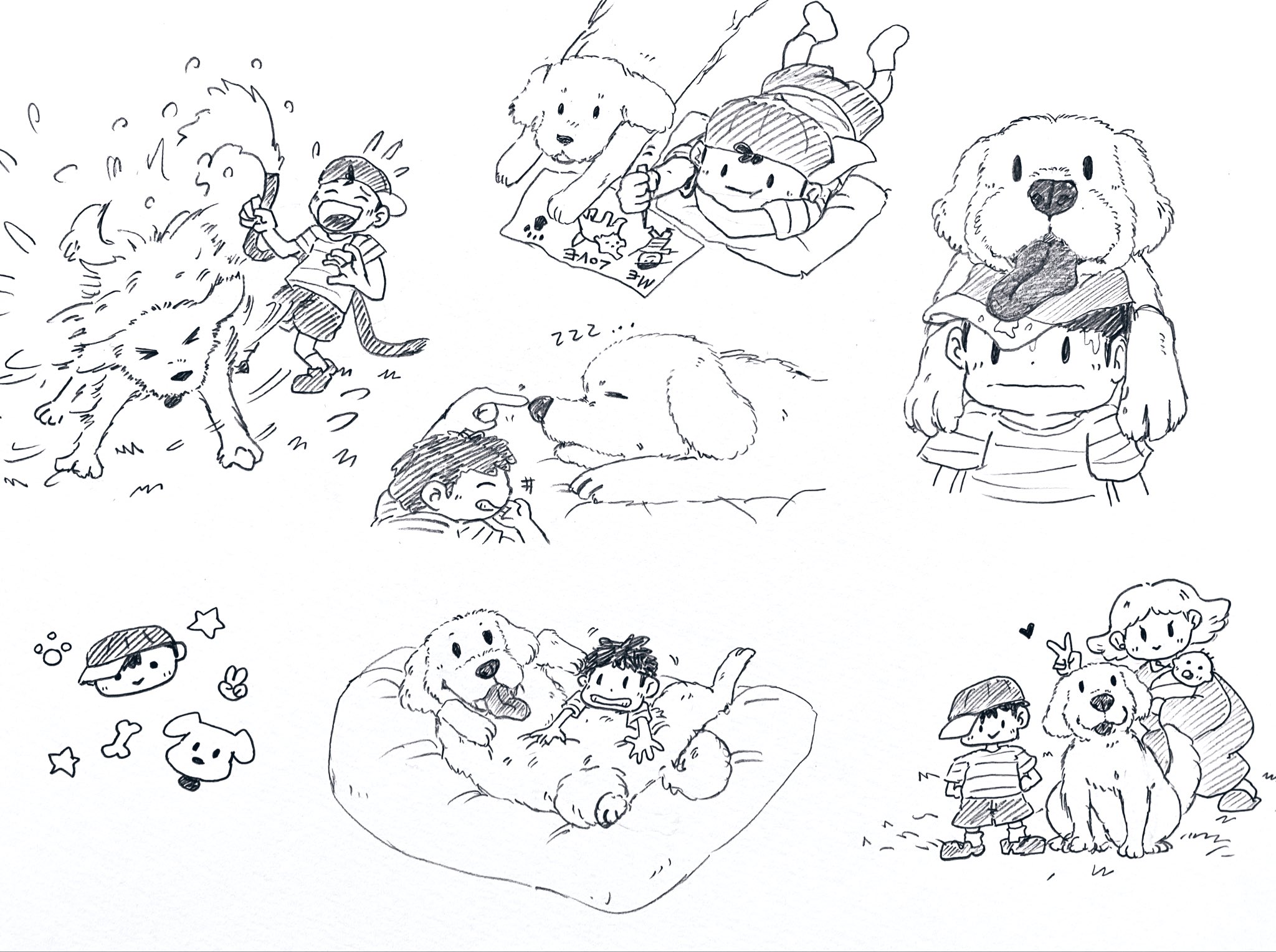 king (mother 2), ness's mother, ness (mother 2), tracy (mother 2), mother (series), mother 2, nintendo, highres, 1boy, 2girls, aged down, baseball cap, black hair, dog, drooling, greyscale, hat, heart, monochrome, multiple girls, multiple views, shirt, shoes, shorts, smile, sneakers, socks, striped clothes, striped shirt, tenten kaskas, tongue, tongue out, v