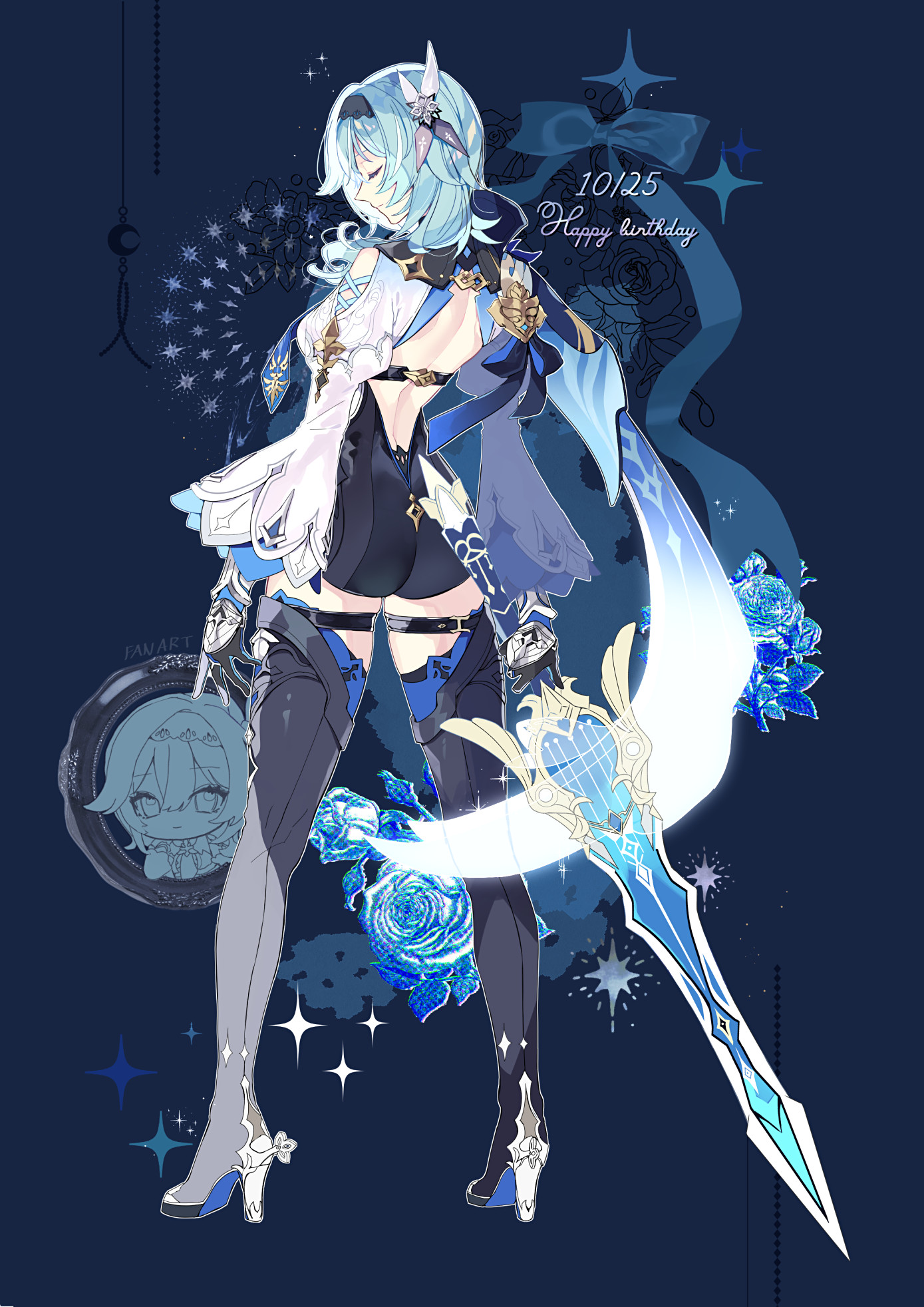 karaage ha 315, eula (genshin impact), genshin impact, commentary request, highres, 1girl, ass, backless outfit, black boots, black hairband, black unitard, blue hair, blue necktie, blue scarf, boots, closed eyes, dated, from behind, full body, greatsword, hair ornament, hairband, happy birthday, high heels, holding, holding sword, holding weapon, long sleeves, necktie, scarf, solo, song of broken pines (genshin impact), sword, thigh boots, weapon, white sleeves