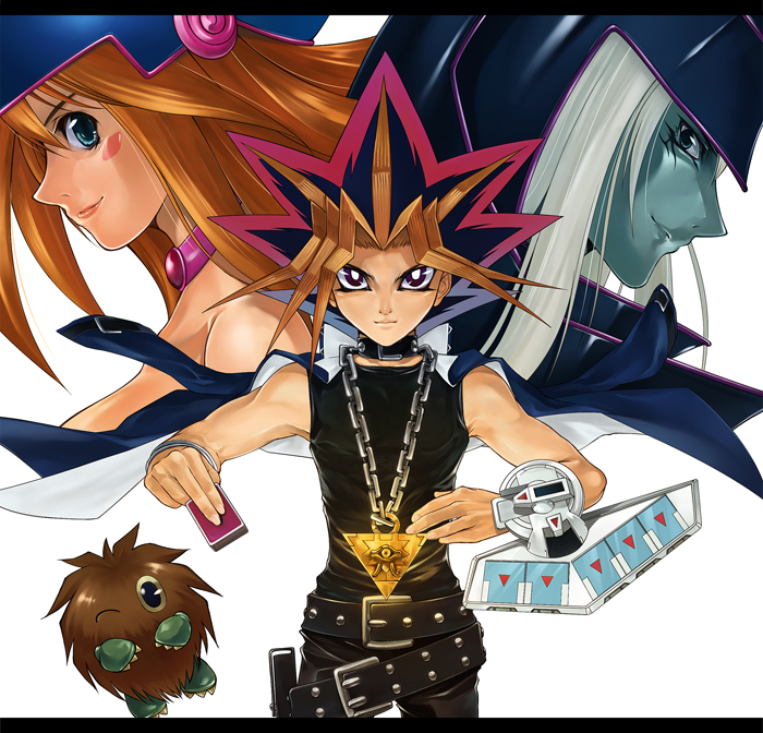 lazward, dark magician, dark magician girl, kuriboh, muto yugi, yami yugi, yu-gi-oh!, yu-gi-oh! duel monsters, silver hair, 1girl, 2boys, aqua eyes, belt, belt skirt, blonde hair, brown hair, card, colored bangs, detached sleeves, duel disk, duel monster, hat, holding, holding card, long hair, monster, multiple boys, one eye closed, pile of cards, red hair, wink, witch hat