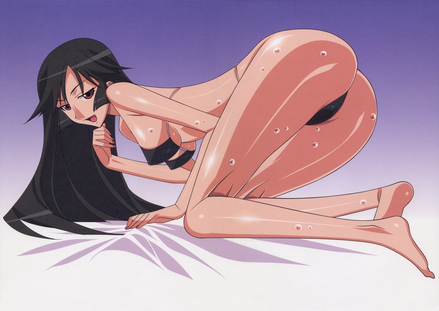kuroda kazuya, kamura reiri, kaibutsu oujo, scan, 00s, 1girl, ass, barefoot, bent over, bikini, black bikini, black hair, breasts, fang, feet, female focus, large breasts, long hair, red eyes, solo, swimsuit, underboob, vampire, wet