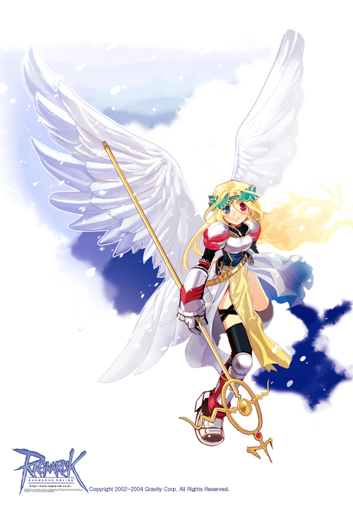 milktea (aoiexk), valkyrie (ragnarok online), ragnarok online, archived source, official art, 1girl, 2002, 2004, armor, belt, black shirt, black sleeves, black socks, blonde hair, blue eyes, blush, breastplate, company name, copyright name, cross-laced straps, dated, feathered wings, floating hair, full body, gauntlets, greaves, hair between eyes, head wreath, heterochromia, holding, holding staff, knee armor, loincloth, long hair, long sleeves, looking at viewer, loose belt, over-kneehighs, pauldrons, poleyn, red eyes, sarong, shirt, shoulder armor, silver armor, simple background, socks, solo, staff, teeth, thigh strap, thighhighs, valkyrie, very long hair, white sarong, white wings, wings, yellow loincloth