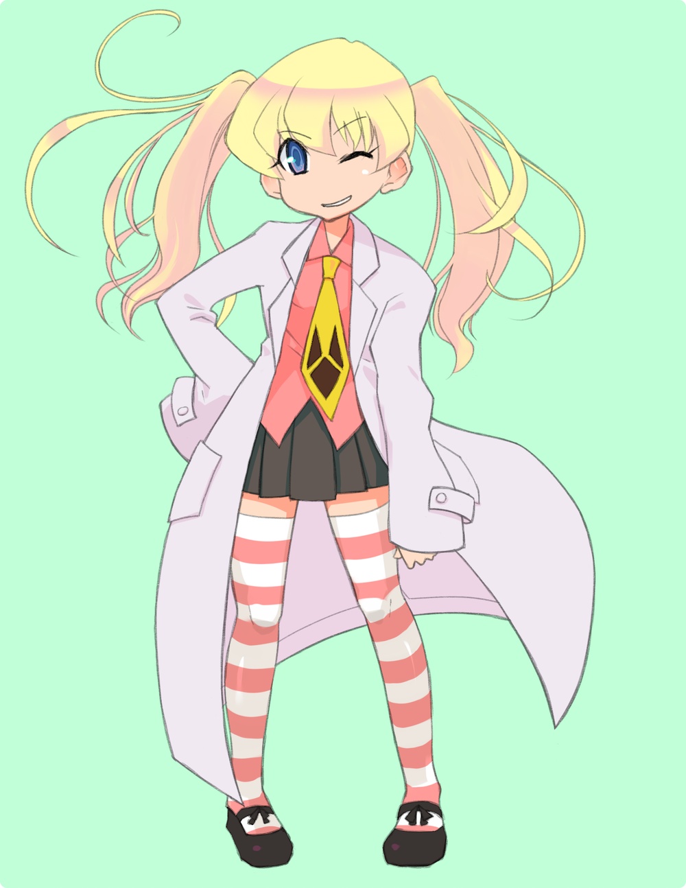ukon, rebecca miyamoto, pani poni dash!, highres, 00s, blonde hair, blue eyes, child, full body, lab coat, legs, necktie, one eye closed, solo, standing, striped clothes, striped thighhighs, thighhighs, twintails, wink