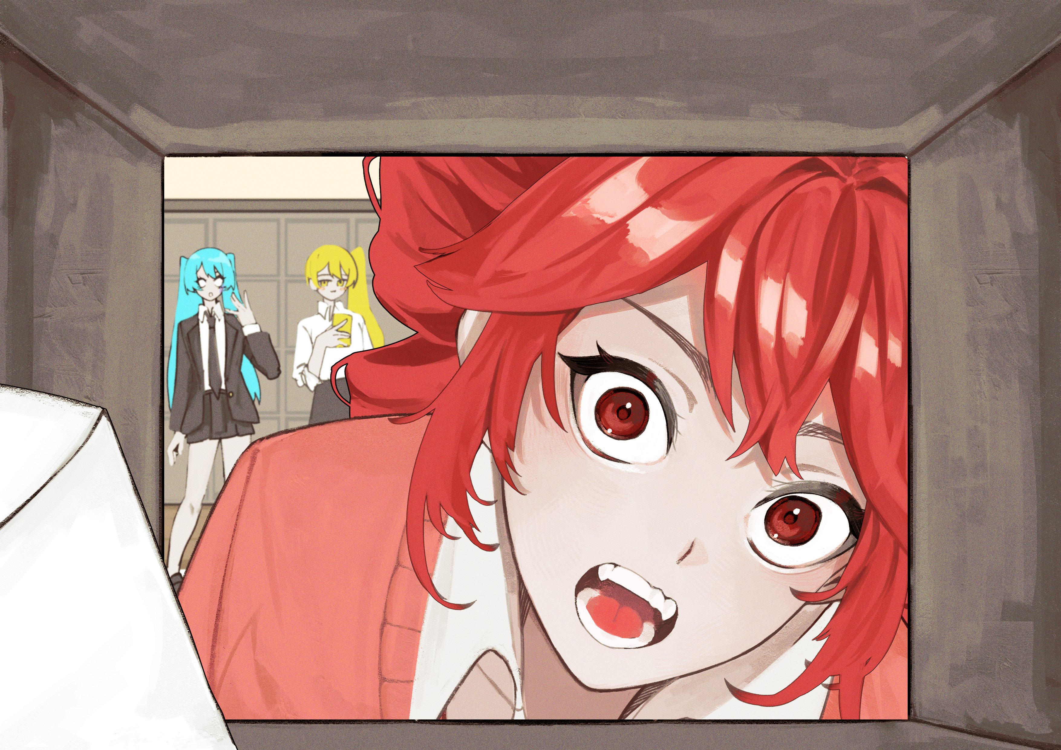akita neru, hatsune miku, kasane teto, triple baka (vocaloid), utau, vocaloid, absurdres, hashtag-only commentary, highres, 3girls, :o, aqua hair, black necktie, black skirt, blank eyes, blazer, blonde hair, cellphone, collared shirt, drill hair, envelope, fangs, getabako, hand up, holding, holding phone, indoors, jacket, long hair, looking at viewer, multiple girls, necktie, open mouth, phone, pink sweater vest, red eyes, red hair, school uniform, shirt, shoe locker pov, side ponytail, sidelocks, skirt, smartphone, surprised, sweater vest, takeurae, twin drills, twintails, wide-eyed, yellow eyes