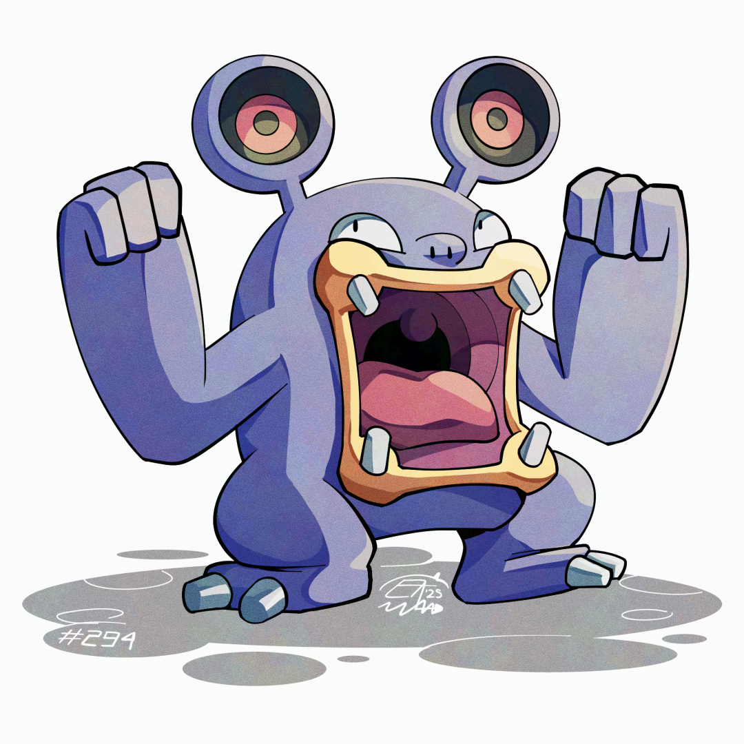 mistray-art, loudred, nintendo, pokemon, colored skin, full body, gen 3 pokemon, grey skin, looking to the side, no humans, numbered, open clothes, open mouth, pokemon (creature), signature, simple background, solo, white background