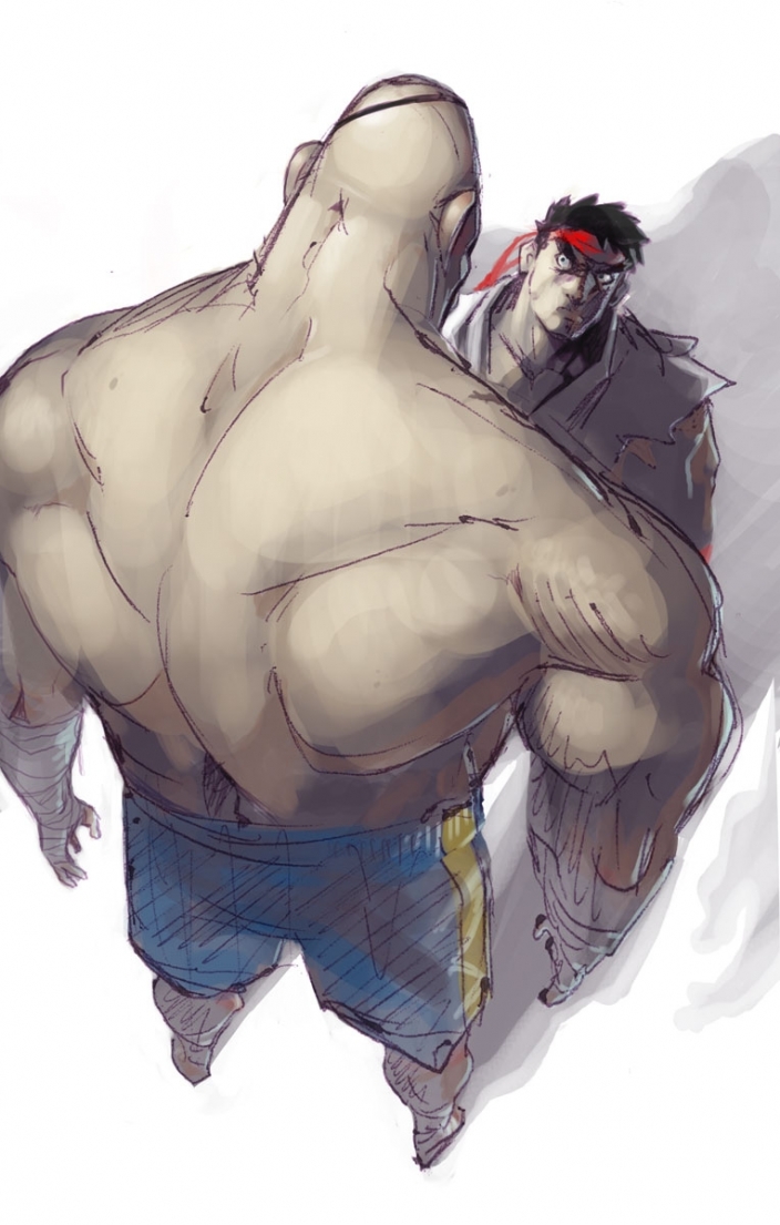 ryu (street fighter), sagat, capcom, street fighter, artist request, 2boys, bald, bandages, biceps, black hair, blue shorts, closed mouth, determined, dougi, facing another, full body, headband, height difference, looking at another, looking down, looking up, male focus, multicolored shorts, multiple boys, muscular, red headband, serious, shadow, shorts, simple background, size difference, standing, standoff, topless male, white background, yellow shorts