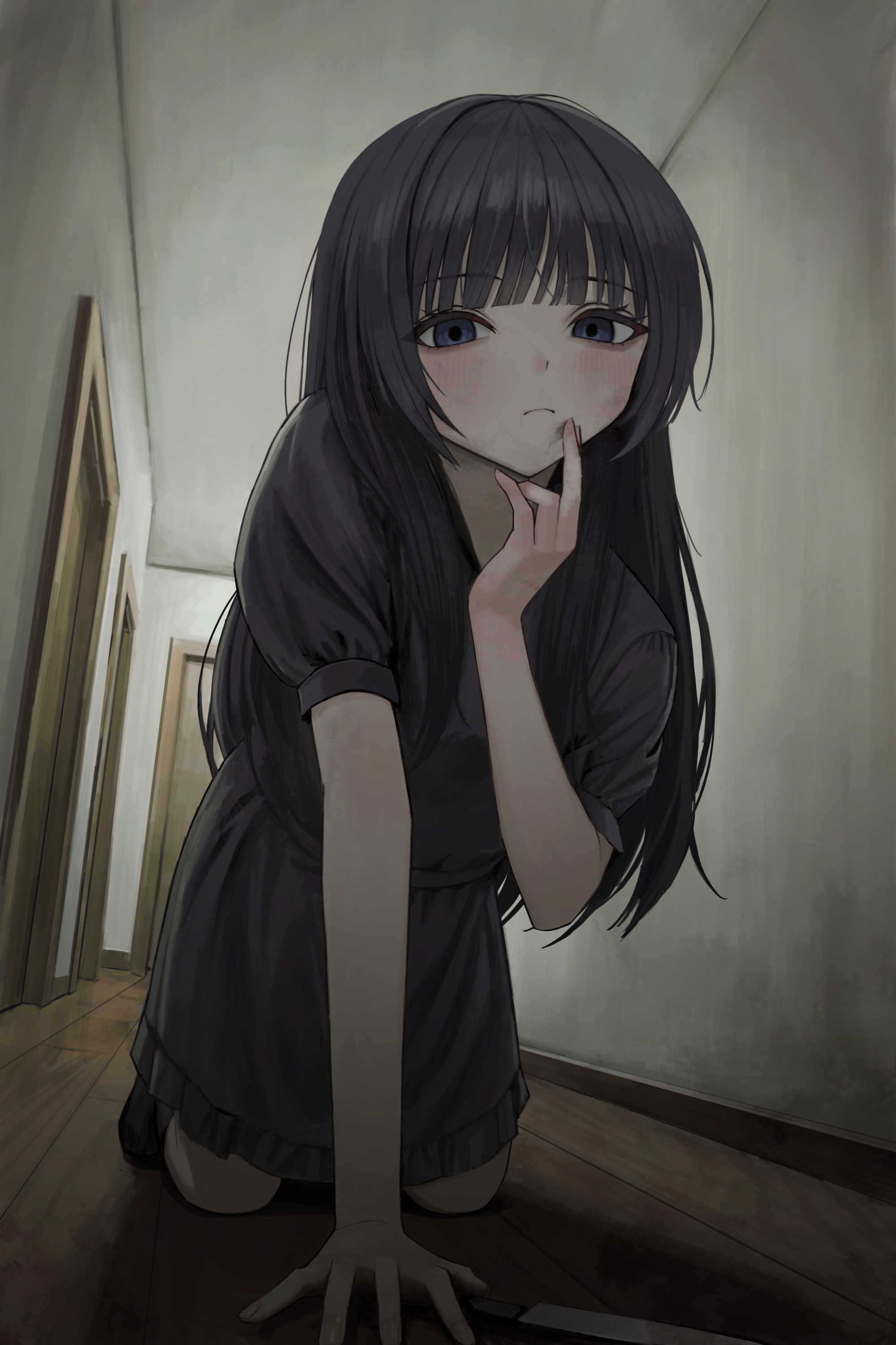 sakiika0513, original, absurdres, highres, 1girl, black hair, black shirt, blue eyes, blunt bangs, closed mouth, dress, hand to own mouth, indoors, kneeling, long hair, looking at viewer, puffy short sleeves, puffy sleeves, shirt, short sleeves, solo