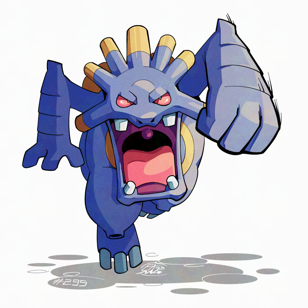 mistray-art, exploud, nintendo, pokemon, colored skin, gen 3 pokemon, grey skin, looking at viewer, no humans, numbered, open mouth, pokemon (creature), red eyes, running, signature, simple background, solo, white background