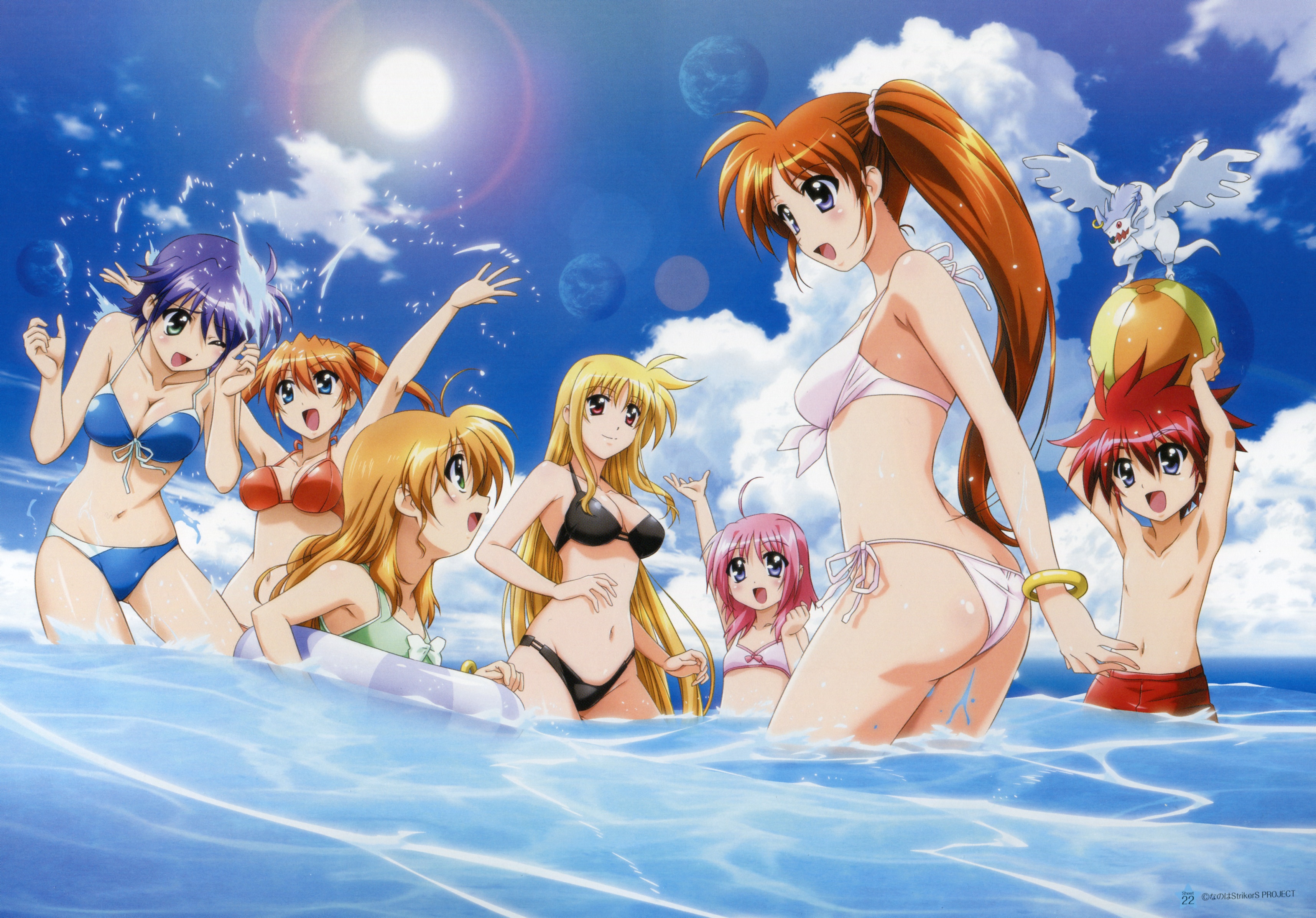okuda yasuhiro, caro ru lushe, erio mondial, fate testarossa, friedrich (nanoha), subaru nakajima, takamachi nanoha, teana lanster, vivio, lyrical nanoha, mahou shoujo lyrical nanoha strikers, absurdres, highres, official art, scan, 00s, 1boy, 6+girls, :d, ;d, age difference, ahoge, arm up, armpits, arms up, ass, ball, beachball, bikini, black bikini, blonde hair, blue eyes, blue hair, blush, bow, bow bikini, bracelet, breasts, butt crack, child, cleavage, clenched hand, cloud, day, dragon, everyone, eye contact, flat chest, front-tie bikini top, front-tie top, green bikini, green eyes, groin, hair between eyes, innertube, jewelry, large breasts, leaning, lens flare, light smile, long hair, looking at another, lowleg, lowleg bikini, male swimwear, moon, multiple girls, navel, ocean, one eye closed, open mouth, orange hair, outdoors, outstretched arms, partially submerged, pink bikini, pink hair, planet, profile, purple eyes, purple hair, red bikini, red eyes, red hair, red male swimwear, red swim trunks, scrunchie, short hair, short twintails, side-tie bikini bottom, side ponytail, sidelocks, sky, smile, spiked hair, splashing, standing, sun, swim ring, swim trunks, swimsuit, twintails, very long hair, wading, water, wet, white bikini, wide hips, wince, wink