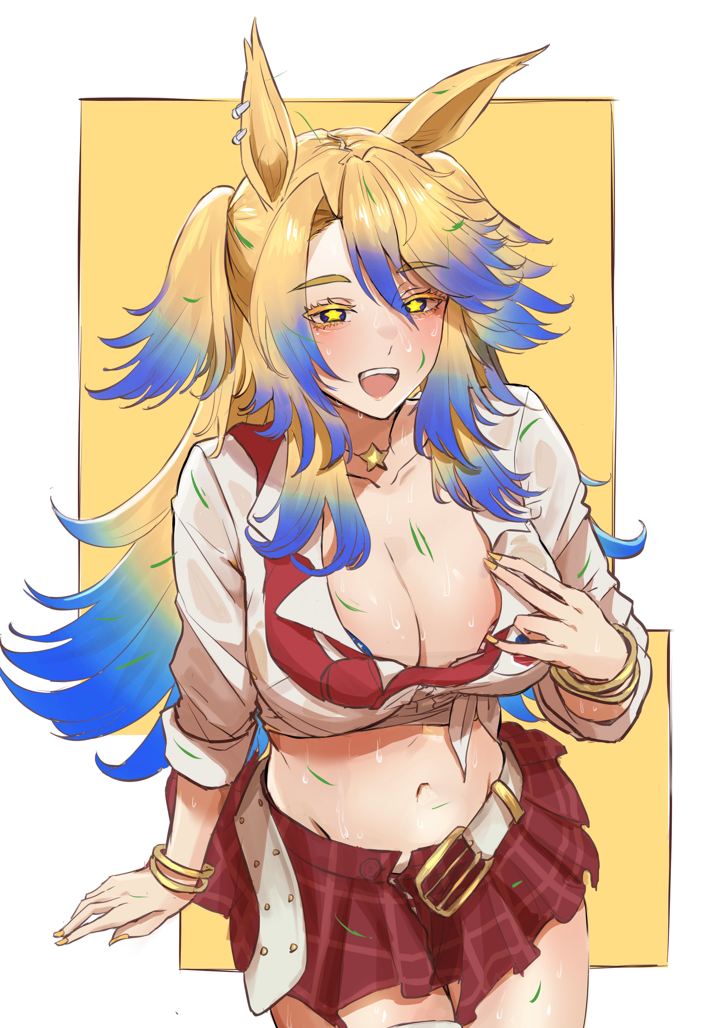 sif221, obey your master (umamusume), umamusume, umamusume: cinderella gray, absurdres, commentary, english commentary, highres, 1girl, amesuku gyaru, animal ears, belt, blonde hair, blue eyes, blue hair, blush, bracelet, breasts, cleavage, cropped shirt, ear ornament, gyaru, horse ears, horse girl, jewelry, kogal, large breasts, long hair, looking at viewer, midriff, multicolored hair, navel, open mouth, red skirt, shirt, skirt, smile, solo, star-shaped pupils, star (symbol), sweat, symbol-shaped pupils, white shirt, yellow nails