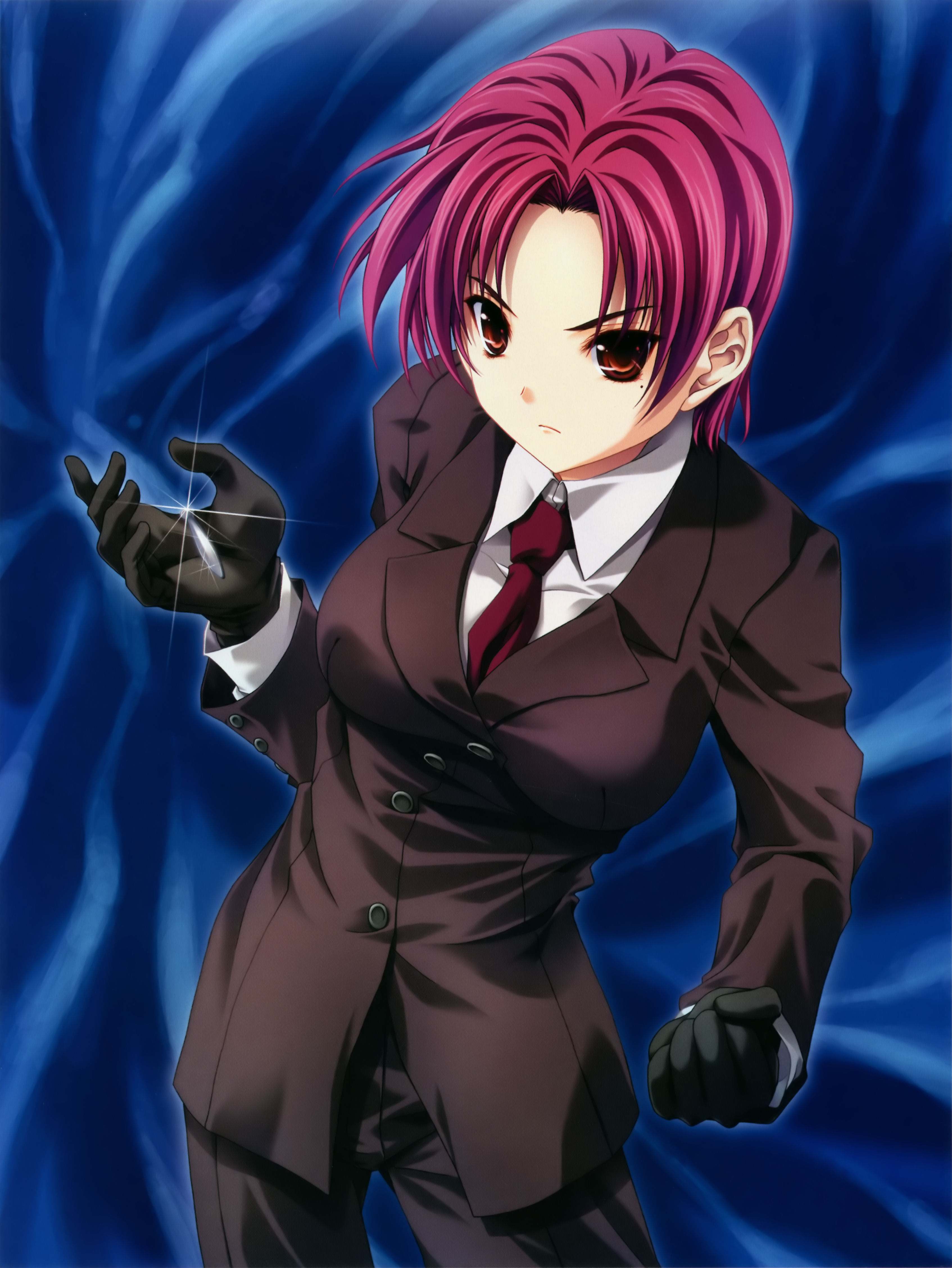 miyama-zero, bazett fraga mcremitz, fate/hollow ataraxia, fate/stay night, fate (series), absurdres, highres, 00s, 1girl, female focus, formal clothes, orange eyes, pant suit, pants, pink hair, short hair, solo, suit