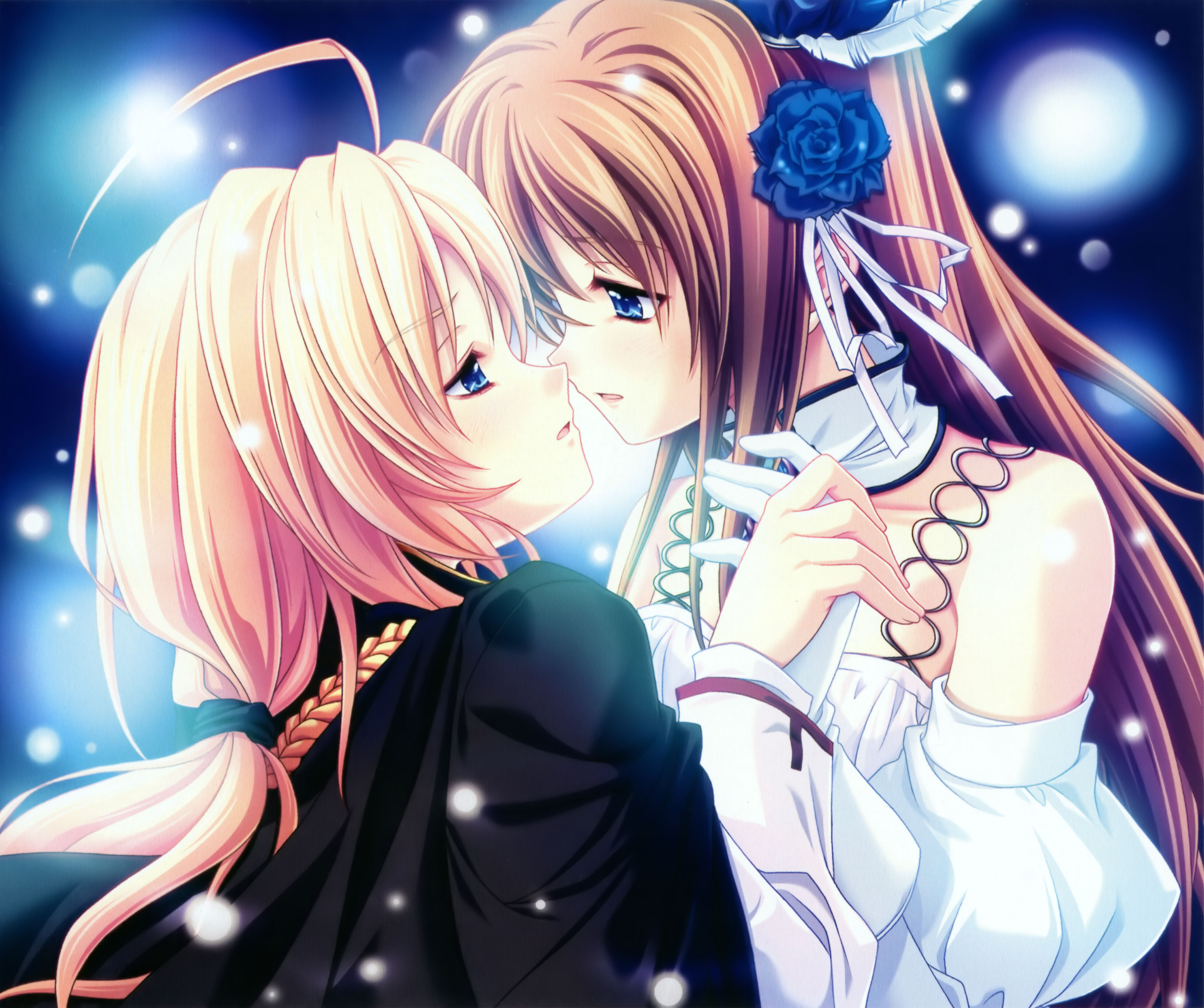 miyama-zero, shirogane tobari, togetsu kotarou, kanojo tachi no ryuugi, highres, 1boy, 1girl, blonde hair, blue eyes, brown hair, crossdressing, trap