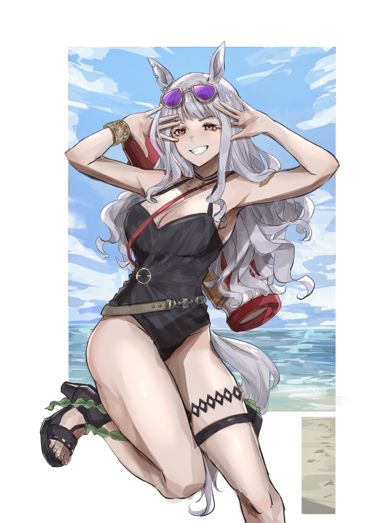 sif221, gold ship (run revolt launcher) (umamusume), gold ship (umamusume), umamusume, commentary, english commentary, highres, 1girl, animal ears, beach, black one-piece swimsuit, blue sky, blunt bangs, bracelet, breasts, casual one-piece swimsuit, cleavage, cloud, eyewear on head, grey hair, grin, horse ears, horse girl, horse tail, jewelry, large breasts, long hair, looking at viewer, ocean, official alternate costume, one-piece swimsuit, open mouth, outdoors, purple-tinted eyewear, purple eyes, sandals, seaweed, sky, smile, solo, sunglasses, swimsuit, tail, teeth, tinted eyewear, water, water gun