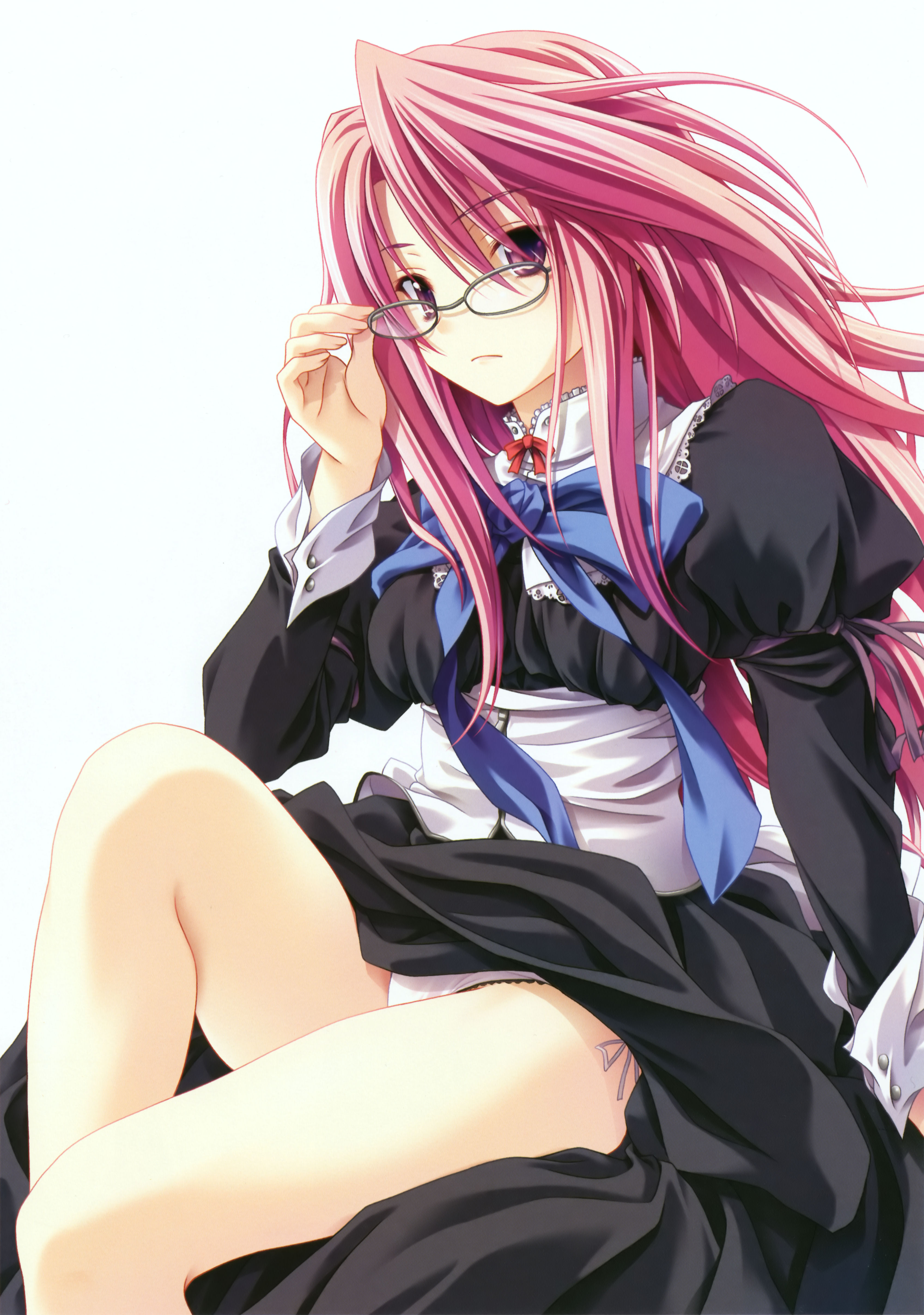 miyama-zero, yumihiki honoka, kanojo tachi no ryuugi, absurdres, highres, 1girl, adjusting eyewear, clothes lift, dress, dress lift, female focus, glasses, long hair, maid, panties, pantyshot, pink eyes, pink hair, purple eyes, purple hair, side-tie panties, simple background, sitting, solo, underwear, white panties