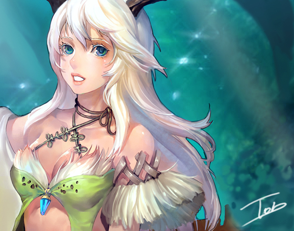 tob, bad id, bad pixiv id, 1girl, animal ears, blue eyes, breasts, cleavage, female focus, jewelry, large breasts, long hair, nature, necklace, open mouth, outdoors, solo, white hair