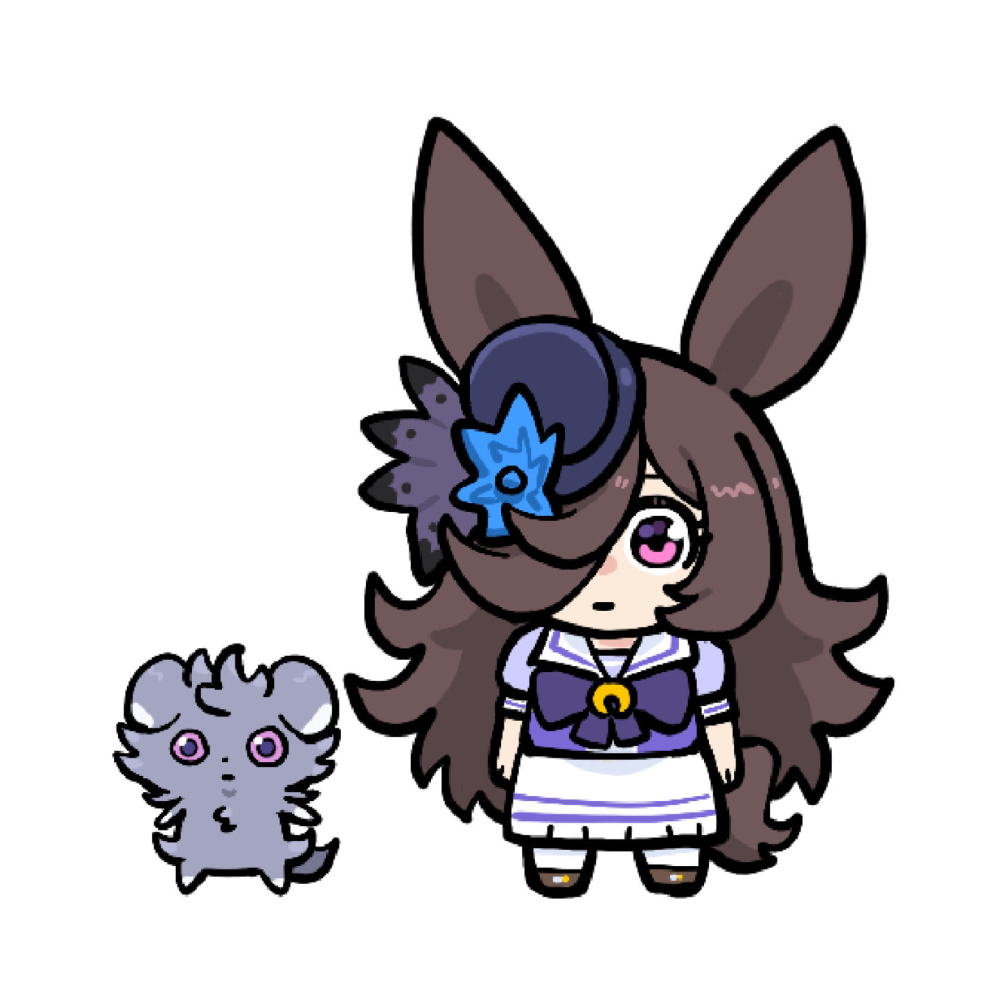 pikminpreggedup, espurr, rice shower (umamusume), pokemon, umamusume, highres, 1girl, animal ears, blue flower, blue hat, blue rose, bow, bowtie, brown hair, closed mouth, crossover, fascinator, flipped hair, flower, gen 6 pokemon, grey fur, hair over one eye, hat, hat flower, horse ears, horse girl, horse tail, large ears, long hair, looking at viewer, pokemon (creature), puffy short sleeves, puffy sleeves, purple bow, purple bowtie, purple eyes, purple shirt, rose, sailor collar, school uniform, shirt, short sleeves, simple background, skirt, tail, tilted headwear, tracen school uniform, white background, white sailor collar, white skirt