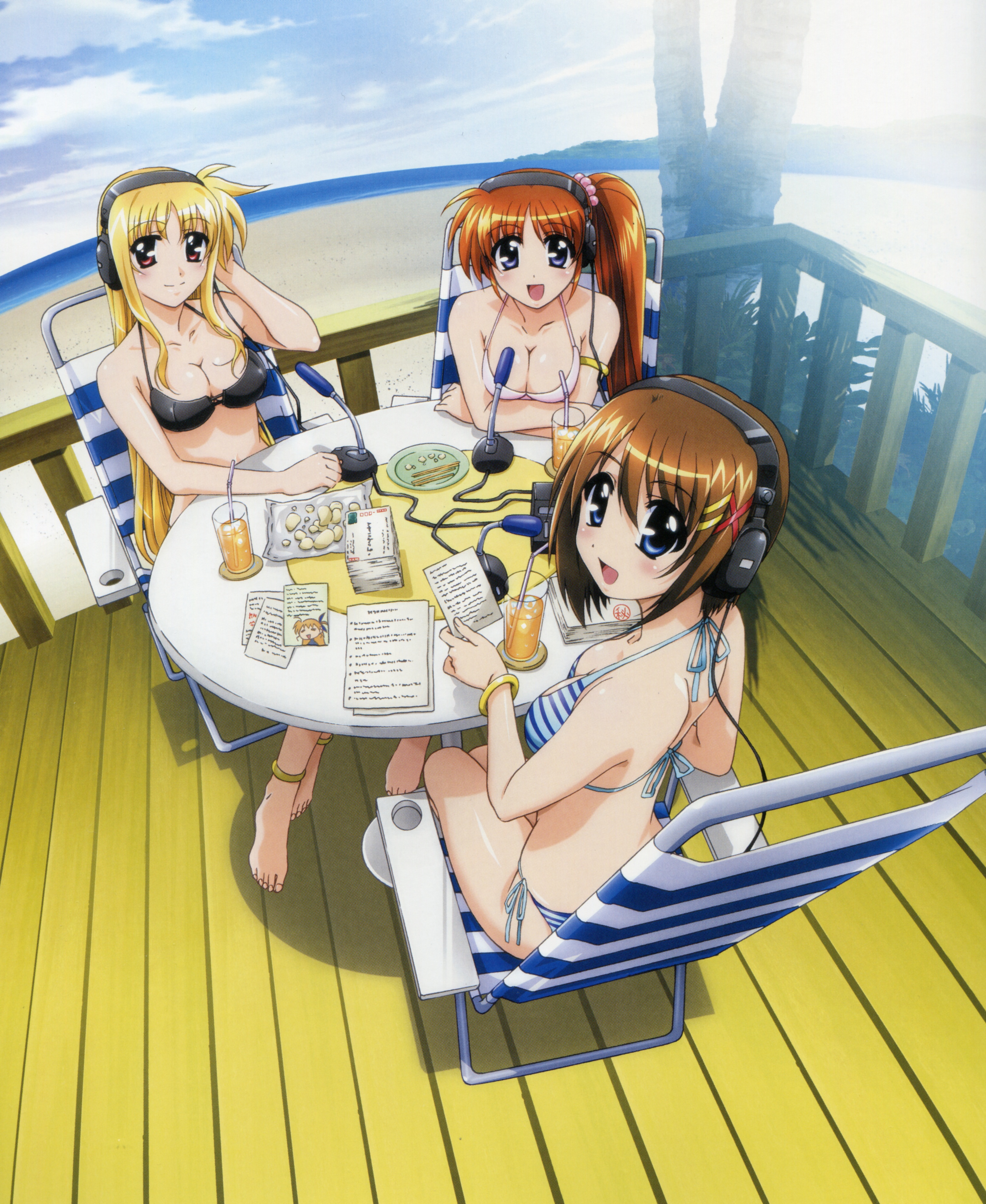 okuda yasuhiro, fate testarossa, takamachi nanoha, yagami hayate, lyrical nanoha, mahou shoujo lyrical nanoha, mahou shoujo lyrical nanoha strikers, absurdres, highres, scan, 00s, 3girls, anklet, armlet, bare shoulders, barefoot, beach, bikini, blonde hair, blue eyes, bracelet, breasts, brown hair, cleavage, day, feet, female focus, from above, headphones, jewelry, long hair, looking back, medium breasts, multiple girls, open mouth, orange hair, radio booth, red eyes, short hair, side-tie bikini bottom, side ponytail, sitting, smile, striped bikini, striped clothes, swimsuit